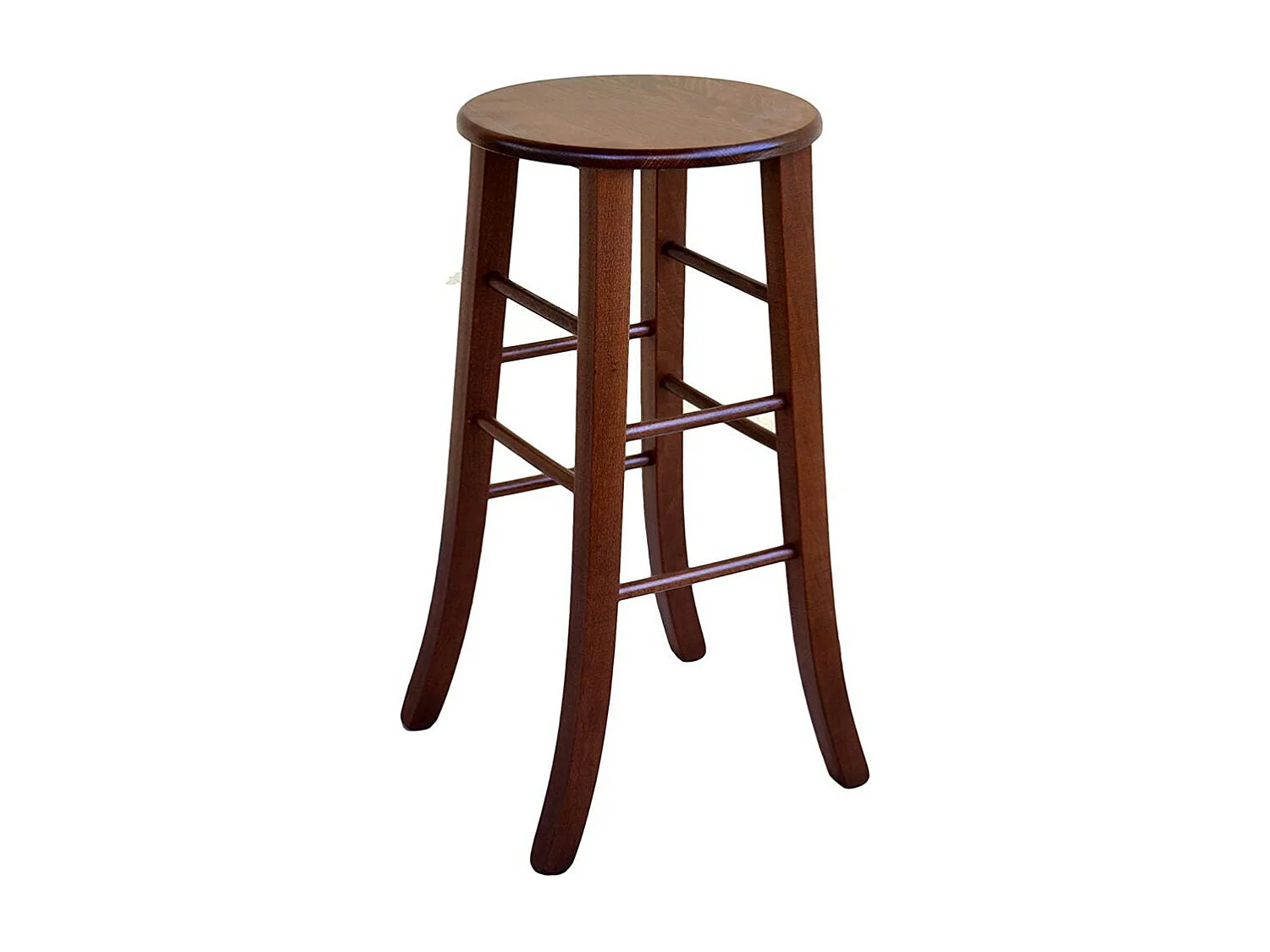 Tabouret en bois avec assise ronde h67 pieds sabre noyer foncé