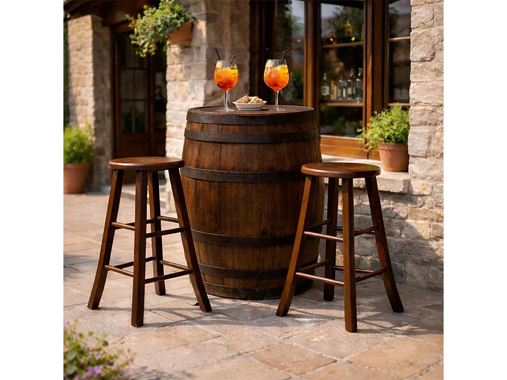 Tabouret en bois avec assise ronde h67 pieds sabre noyer foncé