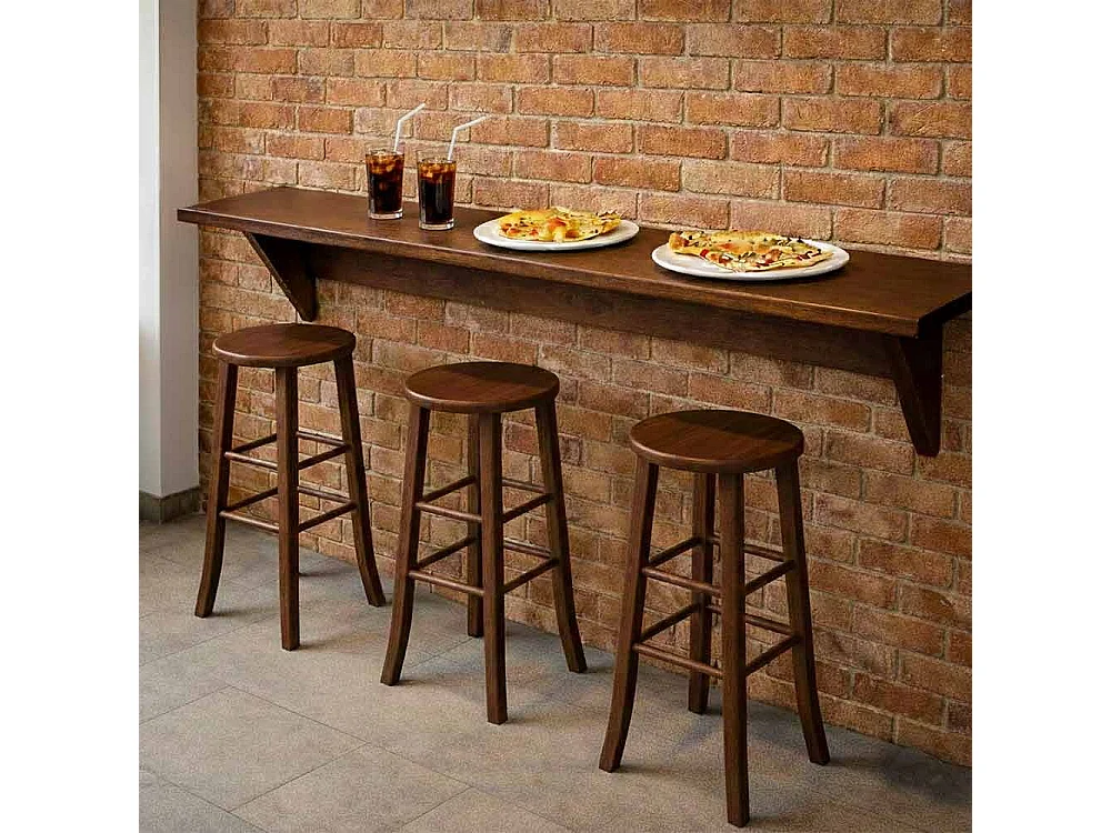 Tabouret en bois avec assise ronde h67 pieds sabre noyer foncé