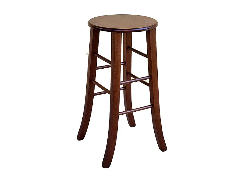 Tabouret en bois avec assise ronde h67 pieds sabre noyer foncé
