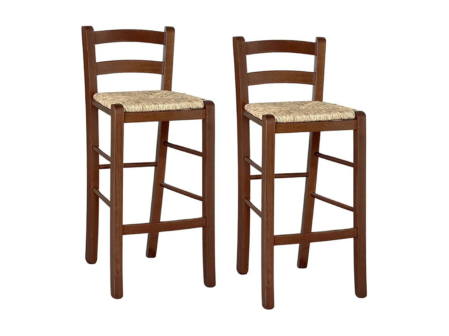 Juego de 2 taburetes de bar de madera con asiento de paja de nogal oscuro, h 67 cm