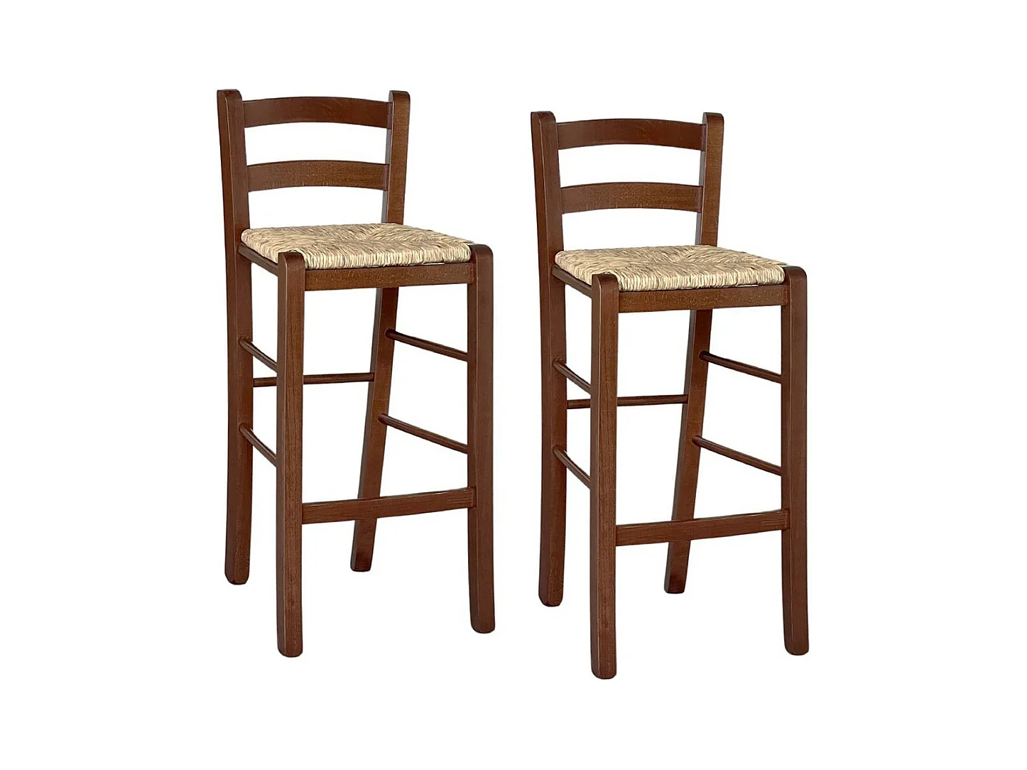 Lot de 2 tabourets de bar en bois avec assise en paille de noyer foncé, h 67 cm