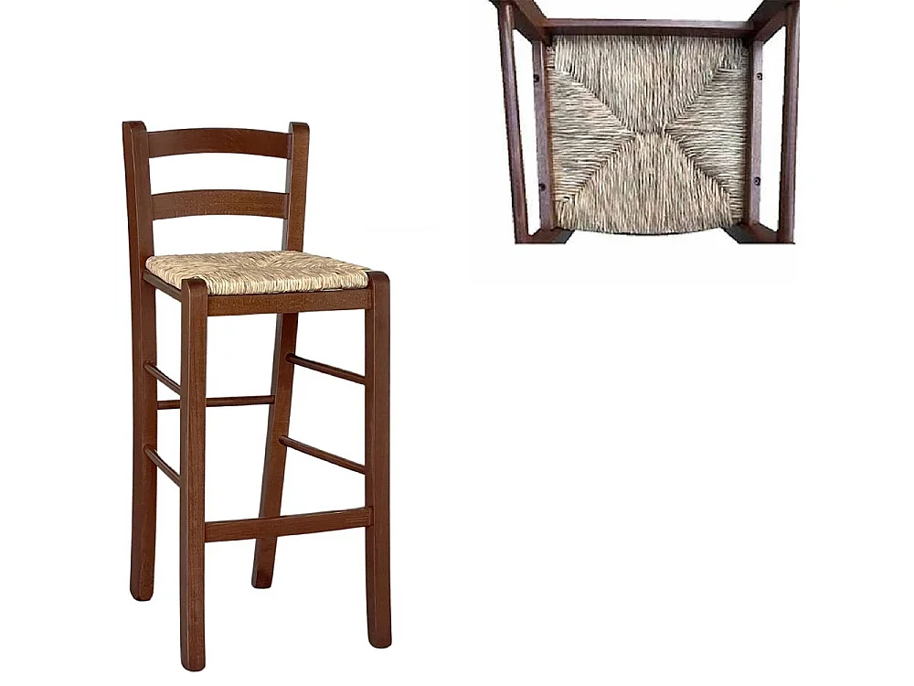 Set 2 Sgabelli bar in legno seduta in paglia noce scuro h 67 cm