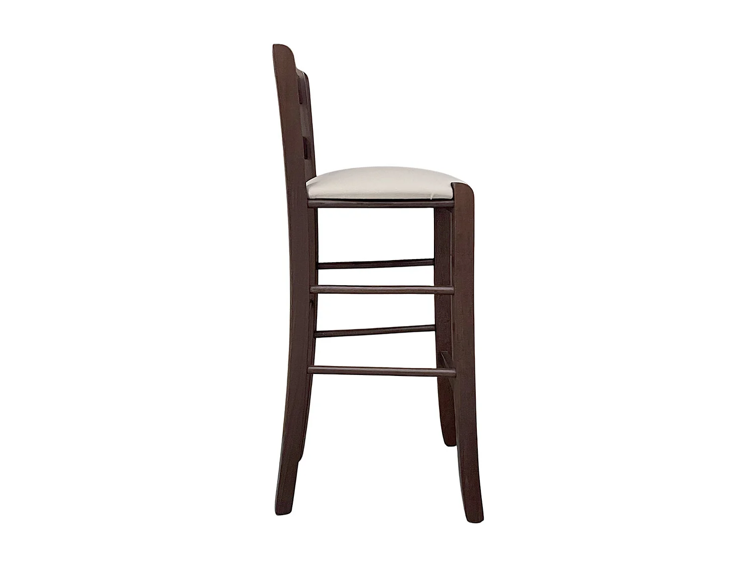 Taburete de madera de nogal oscuro agujero en el respaldo h67 asiento en símil piel beige