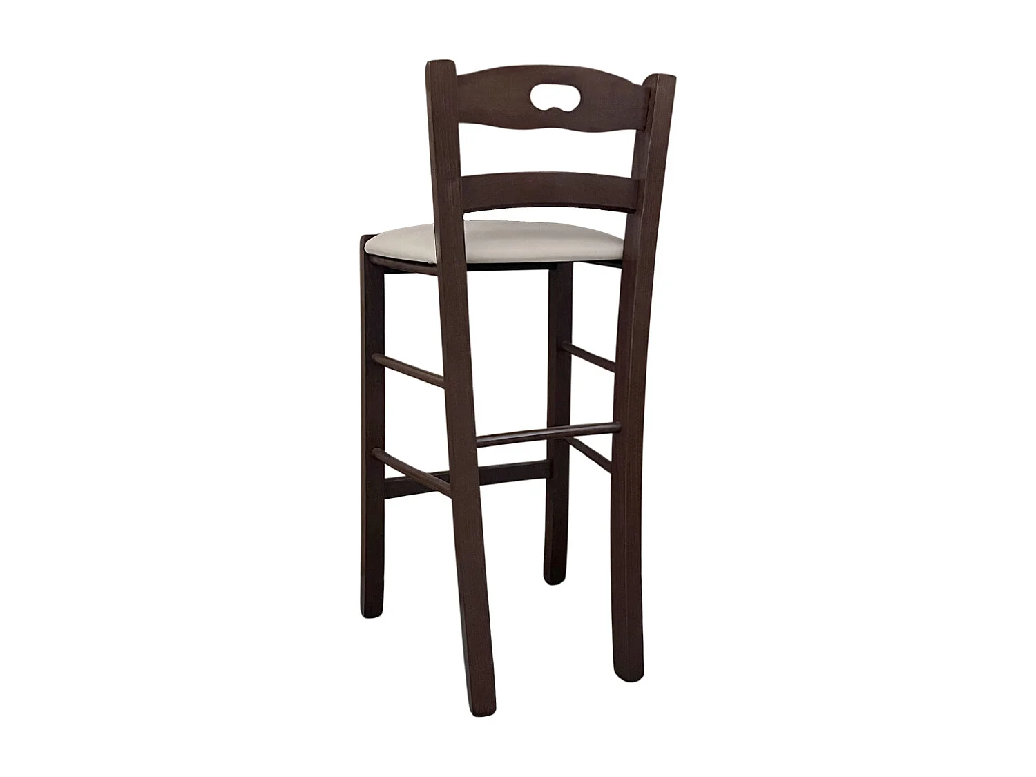 Taburete de madera de nogal oscuro agujero en el respaldo h67 asiento en símil piel beige