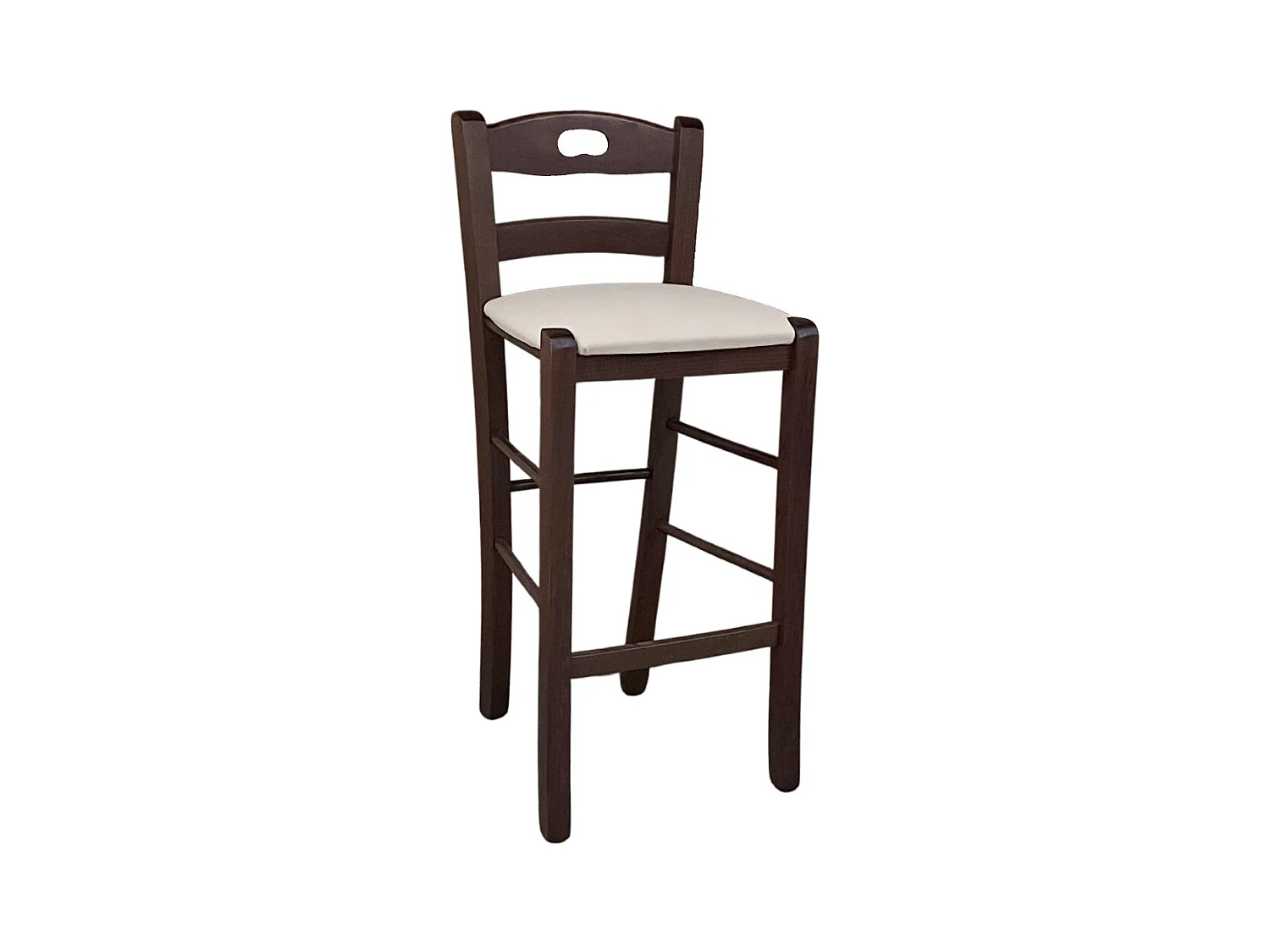 Sgabello legno noce scuro foro nello schienale h67 seduta in similpelle beige