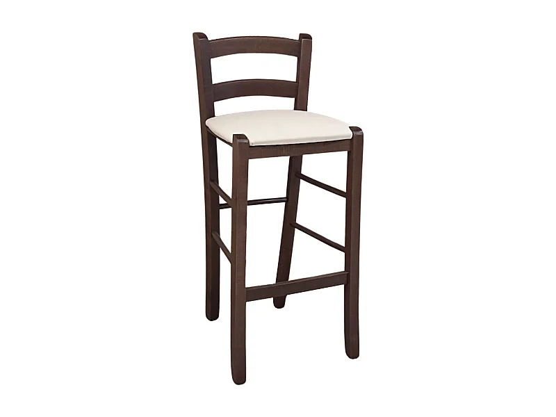 Tabouret en bois de noyer foncé h 67 assise rembourrée en simili cuir beige/crème