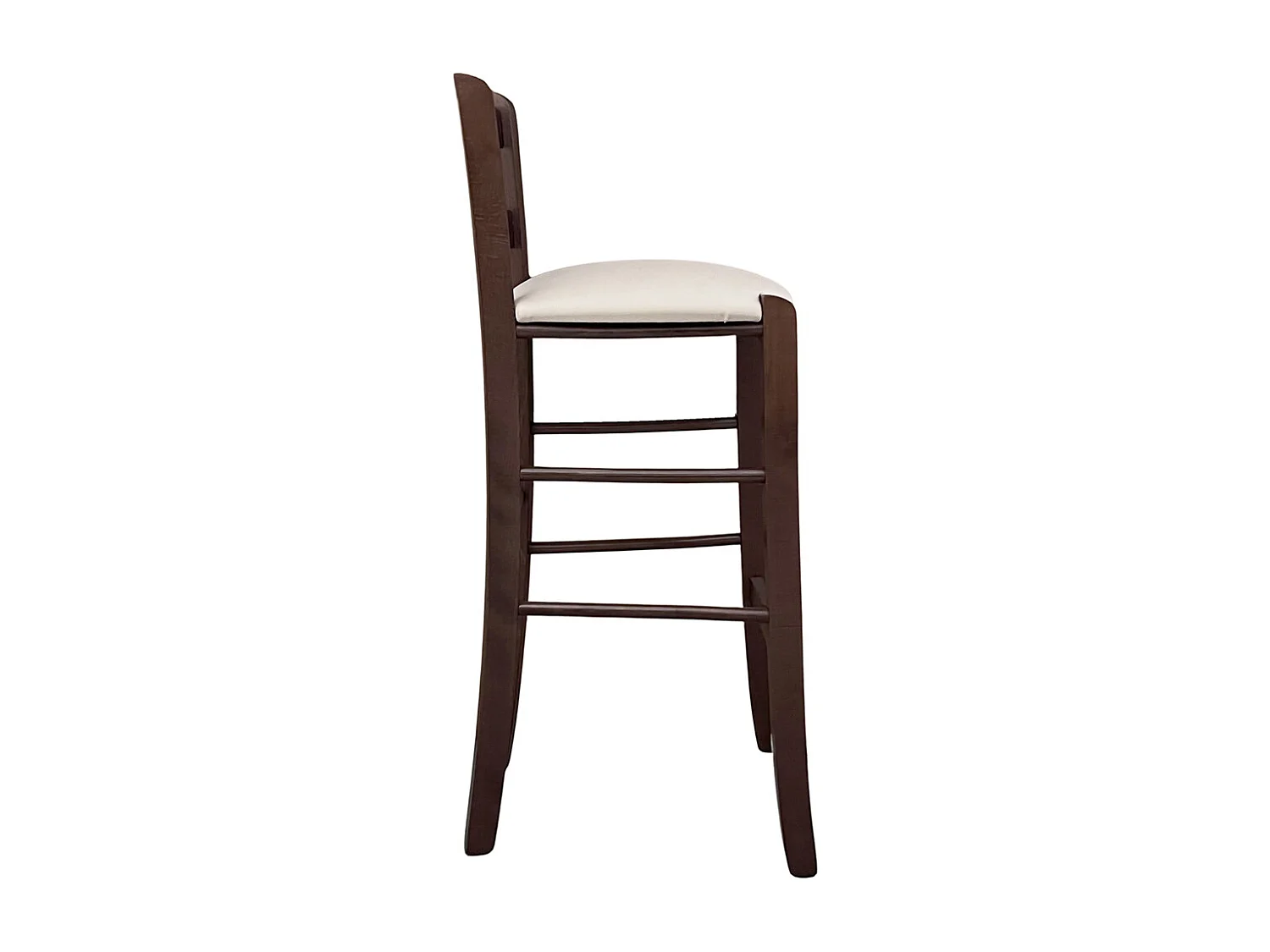 Tabouret en bois de noyer foncé h 67 assise rembourrée en simili cuir beige/crème