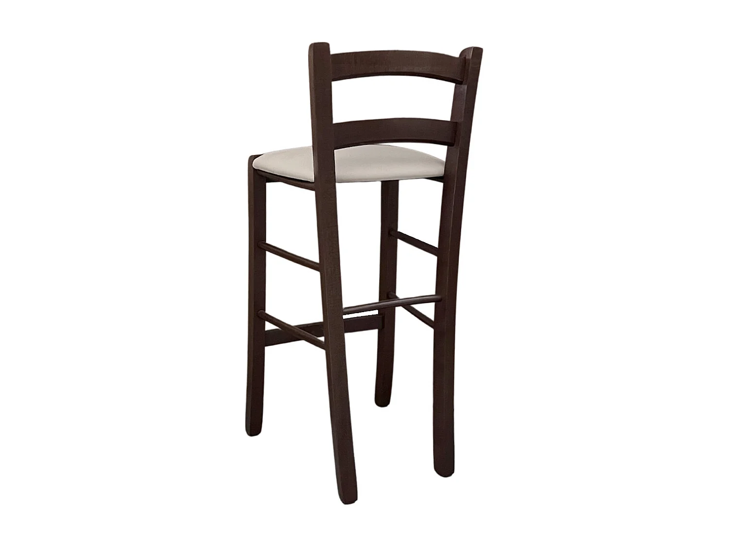 Tabouret en bois de noyer foncé h 67 assise rembourrée en simili cuir beige/crème