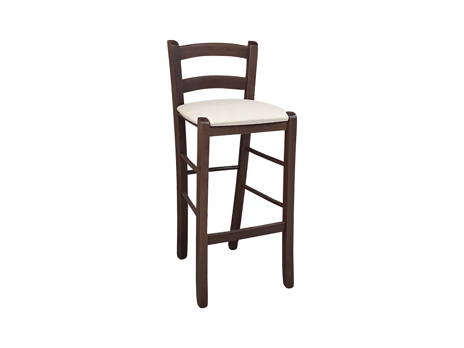 Tabouret en bois de noyer foncé h 67 assise rembourrée en simili cuir beige/crème