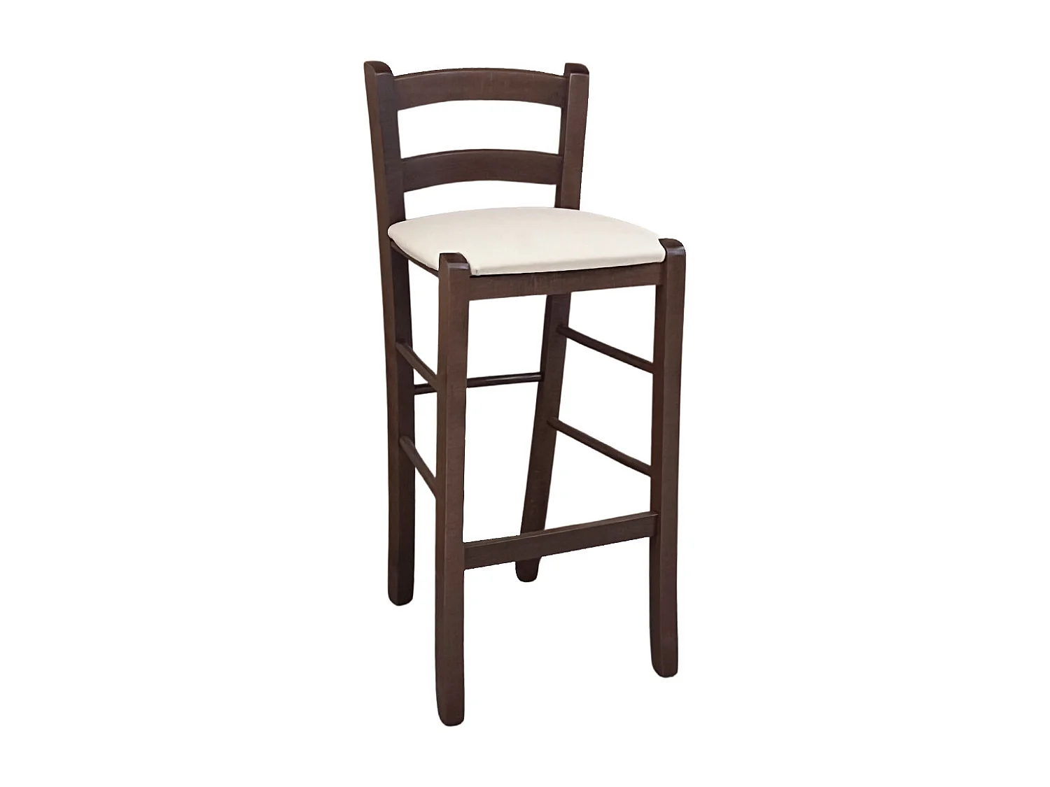 Tabouret en bois de noyer foncé h 67 assise rembourrée en simili cuir beige/crème