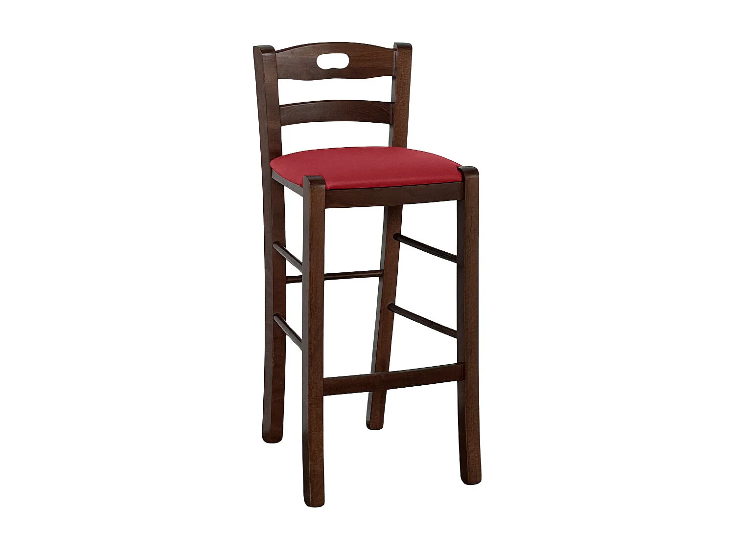 Tabouret en bois de noyer foncé avec trou dans le dossier h66 assise en éco-cuir rouge