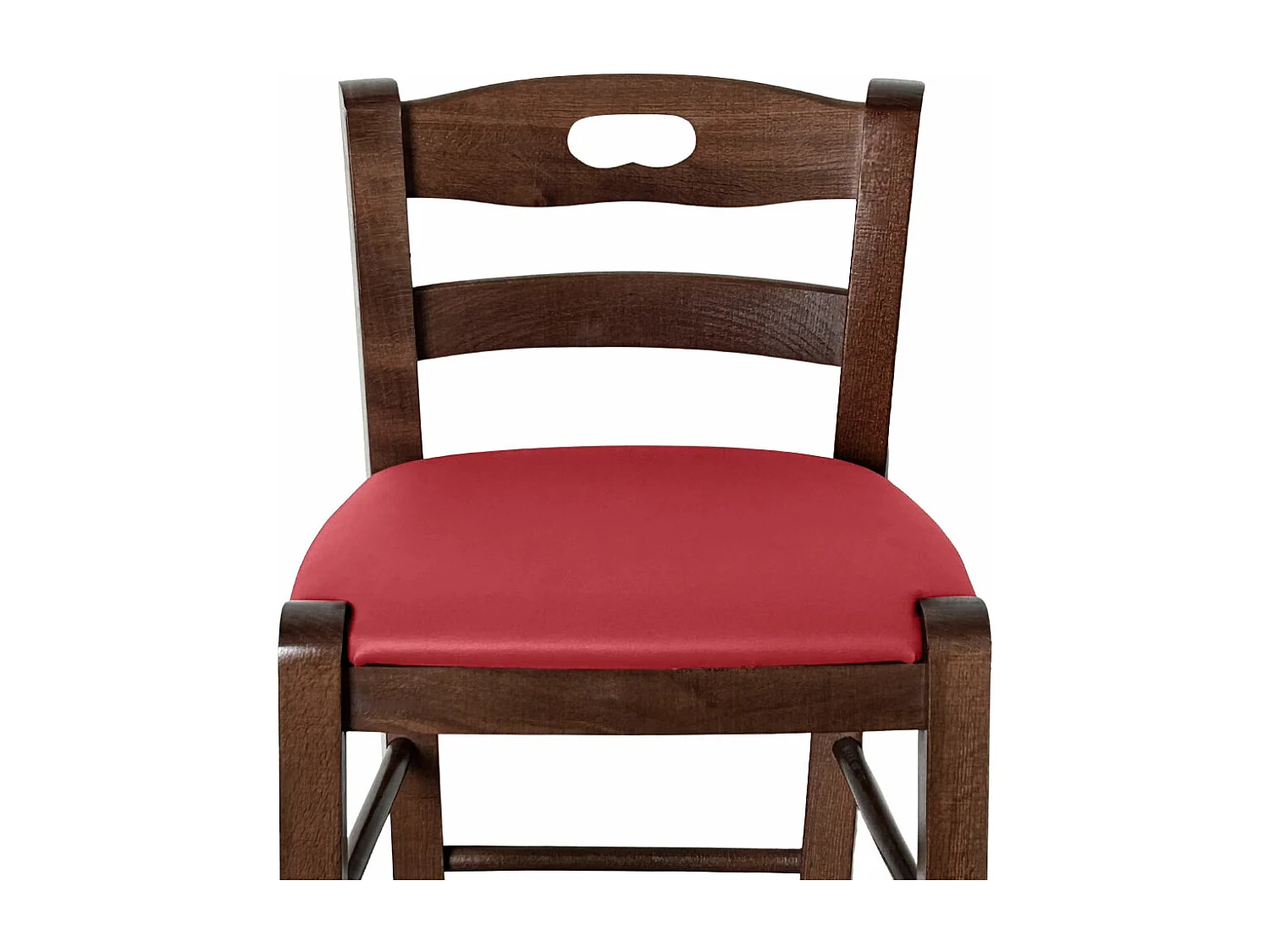 Tabouret en bois de noyer foncé avec trou dans le dossier h66 assise en éco-cuir rouge