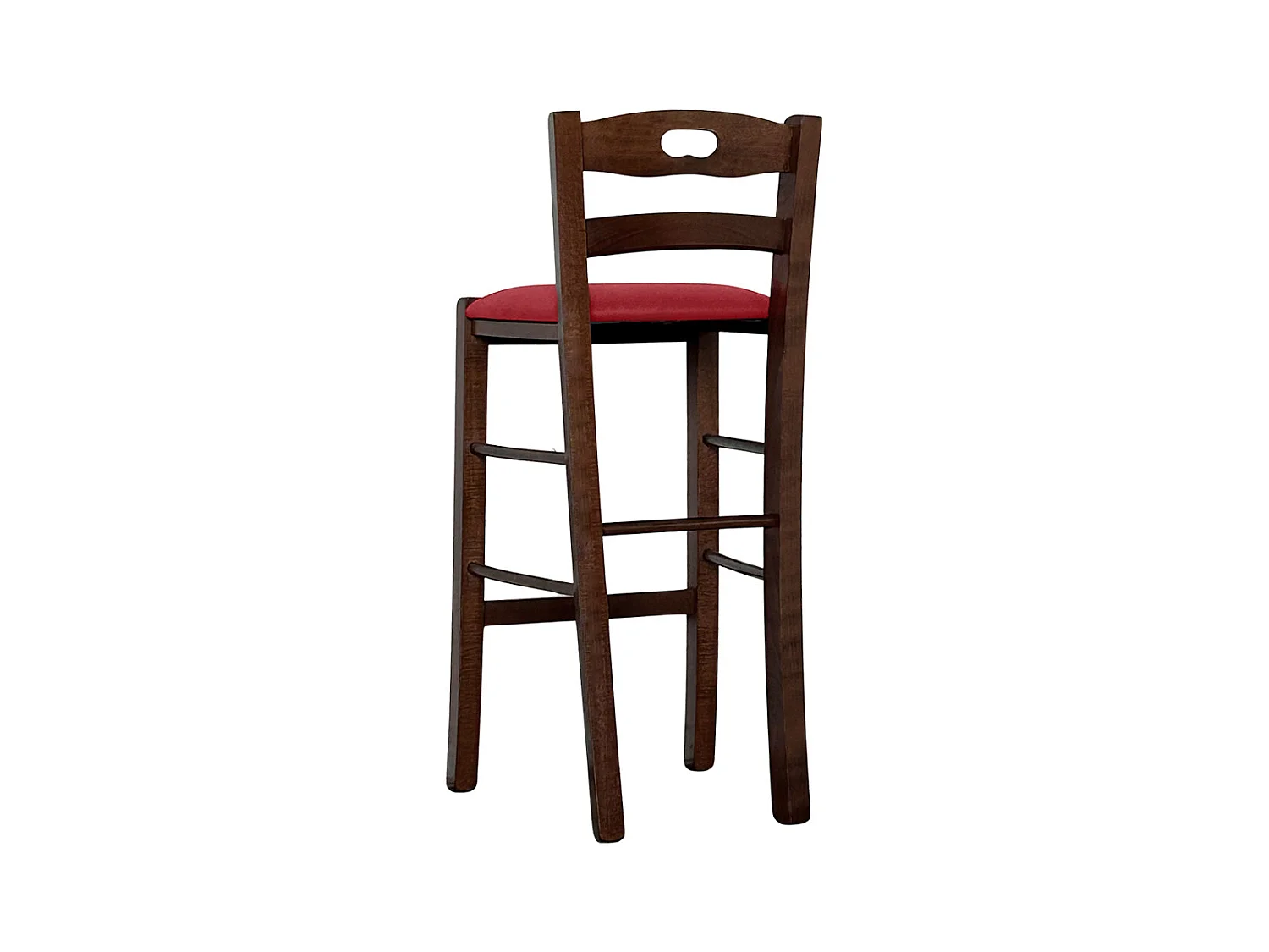 Tabouret en bois de noyer foncé avec trou dans le dossier h66 assise en éco-cuir rouge