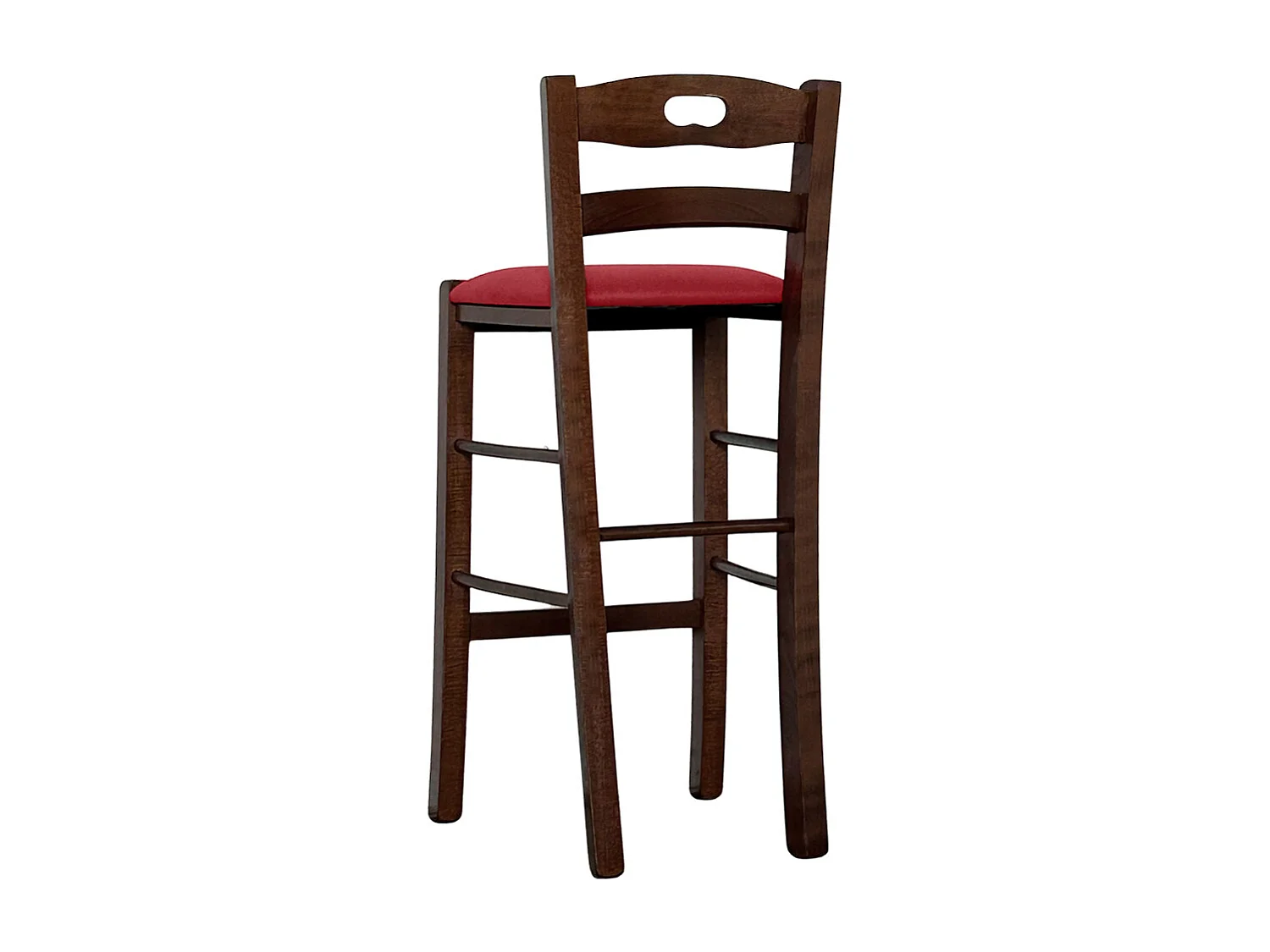 Taburete de madera de nogal oscuro con agujero en el respaldo h66 asiento de ecopiel roja