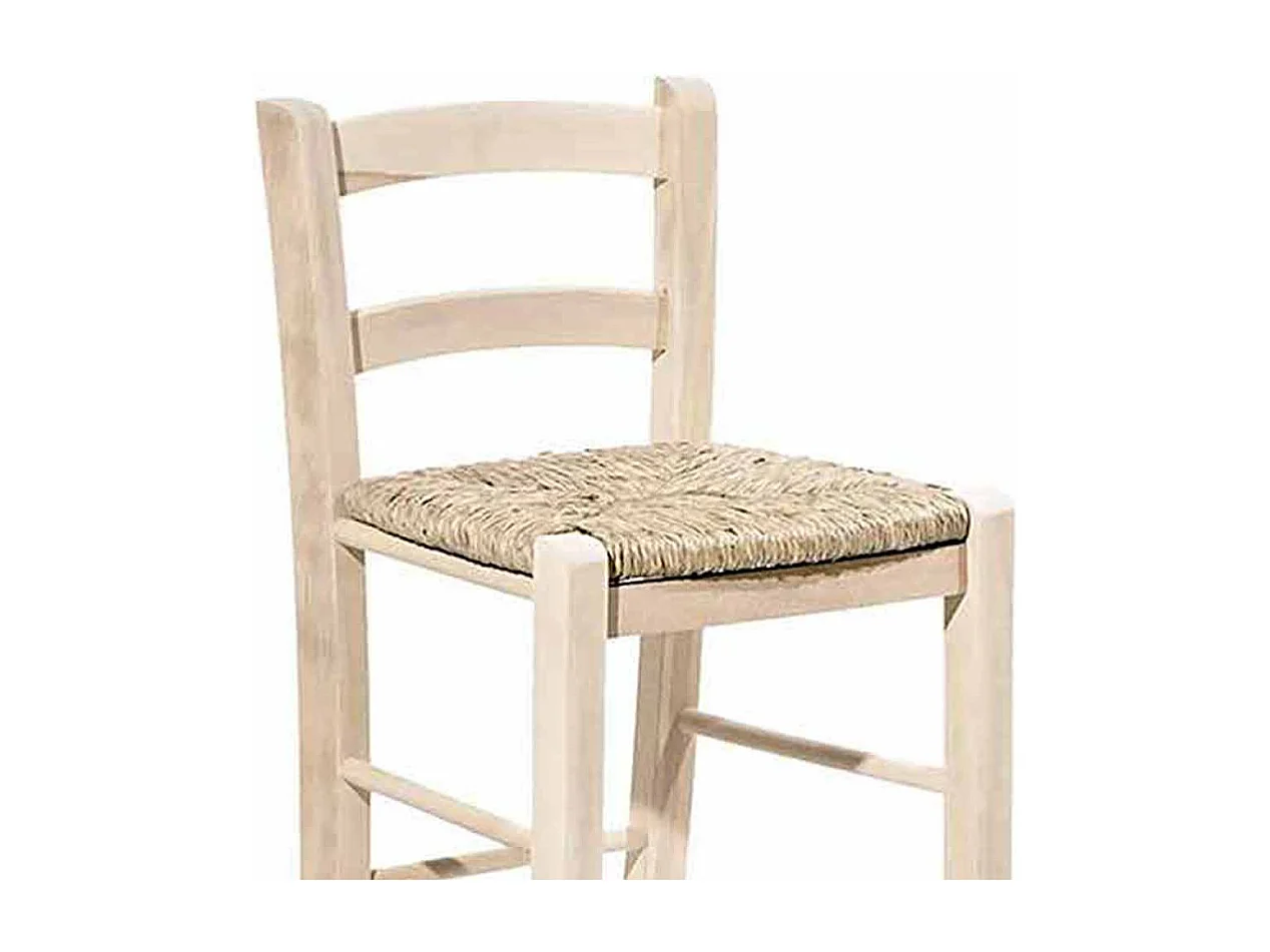 Taburete de madera cruda para pintar, asiento de paja, altura 80 cm, con respaldo