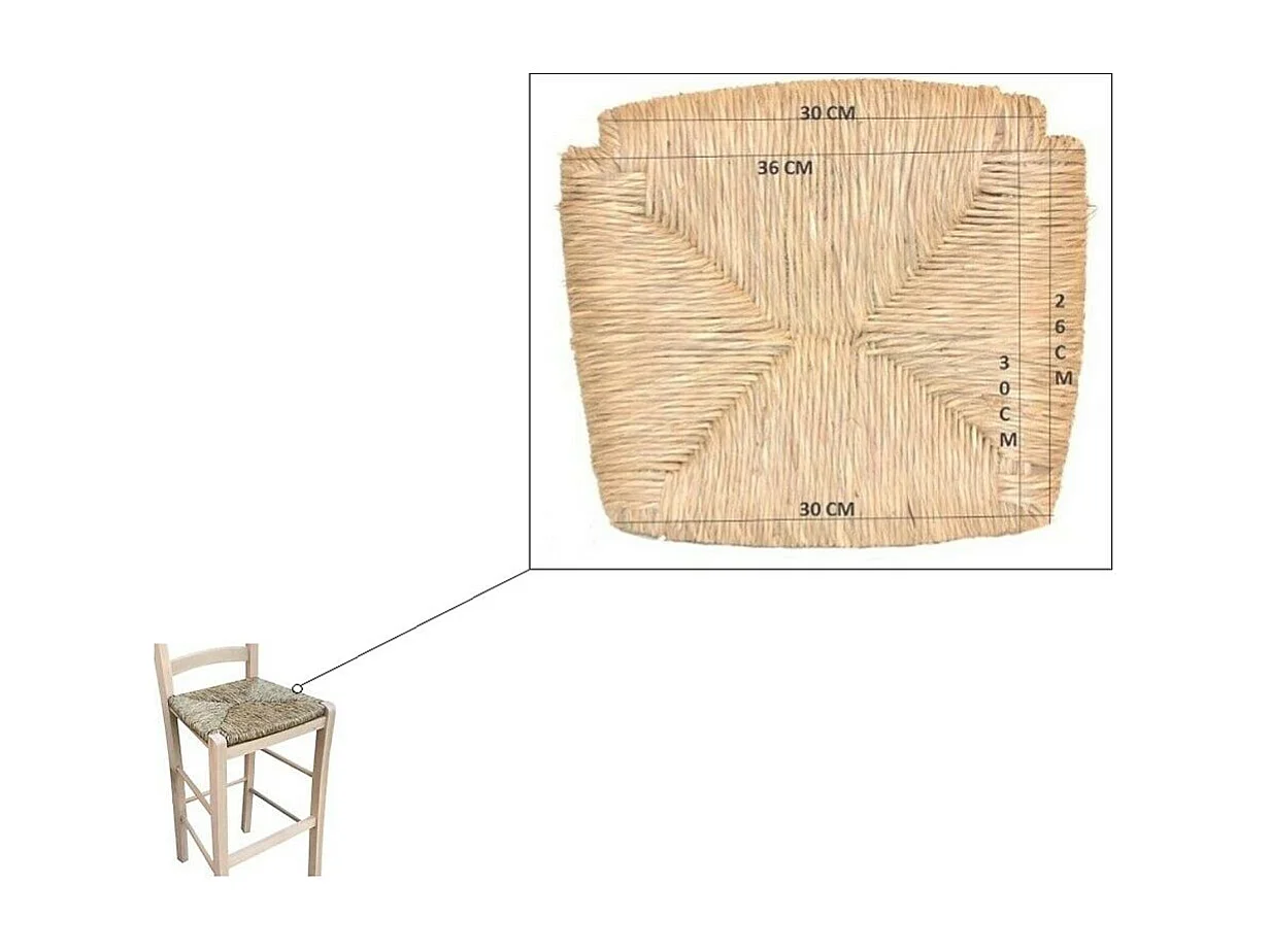 Taburete de madera cruda para pintar, asiento de paja, altura 80 cm, con respaldo