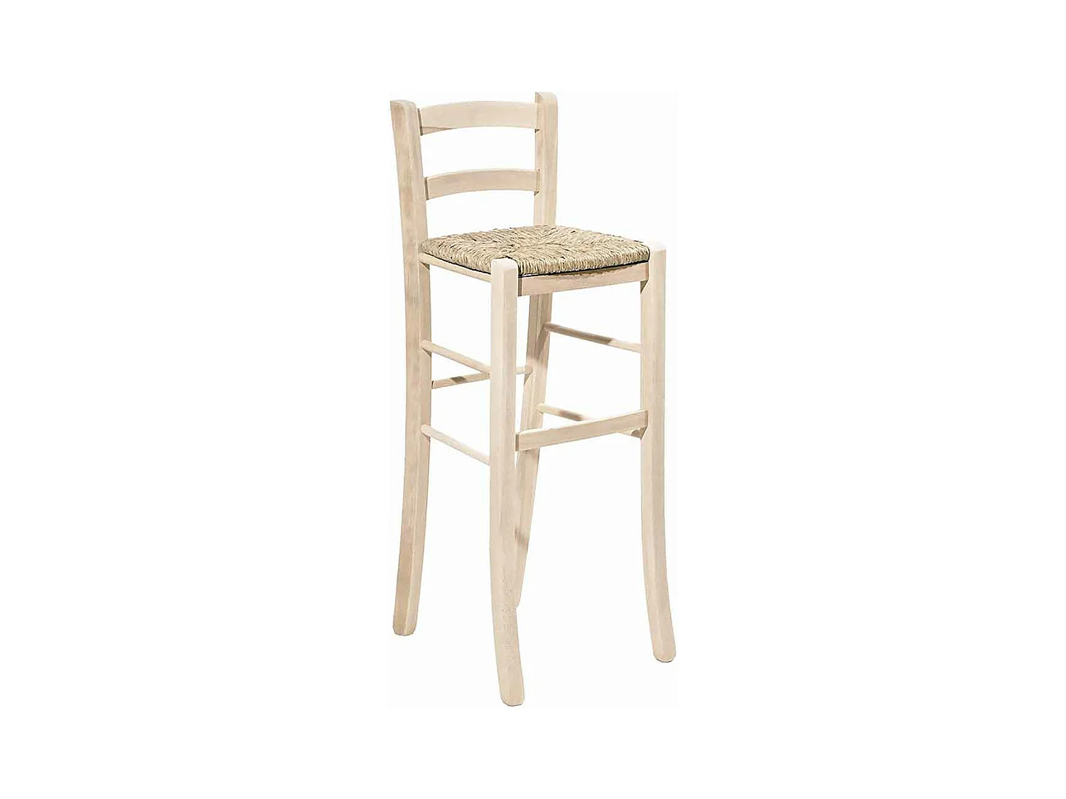 Tabouret en bois brut à peindre, assise en paille, hauteur 80 cm, avec dossier