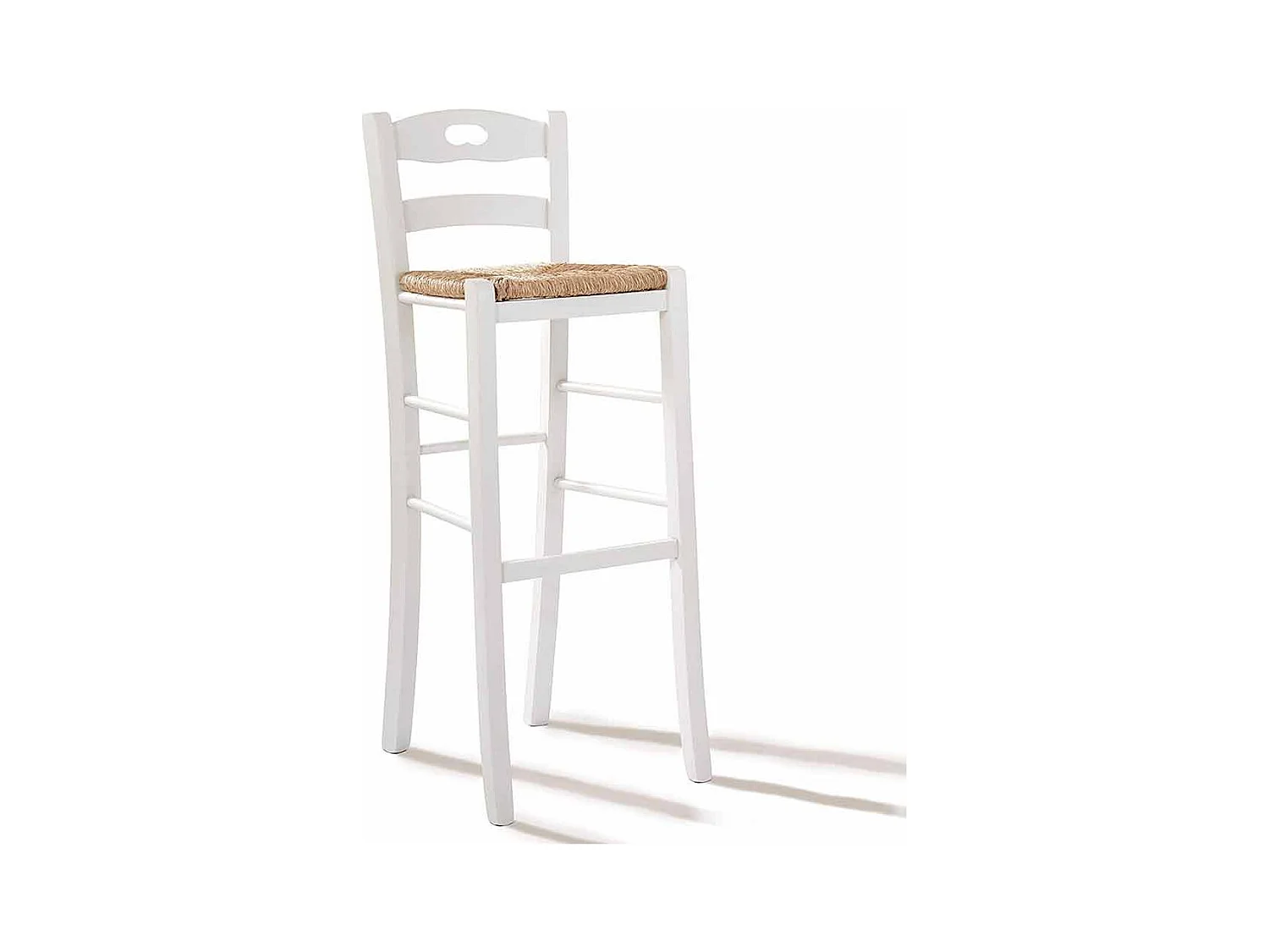 Tabouret haut de bar en bois blanc avec assise et poignée en paille h 80 cm
