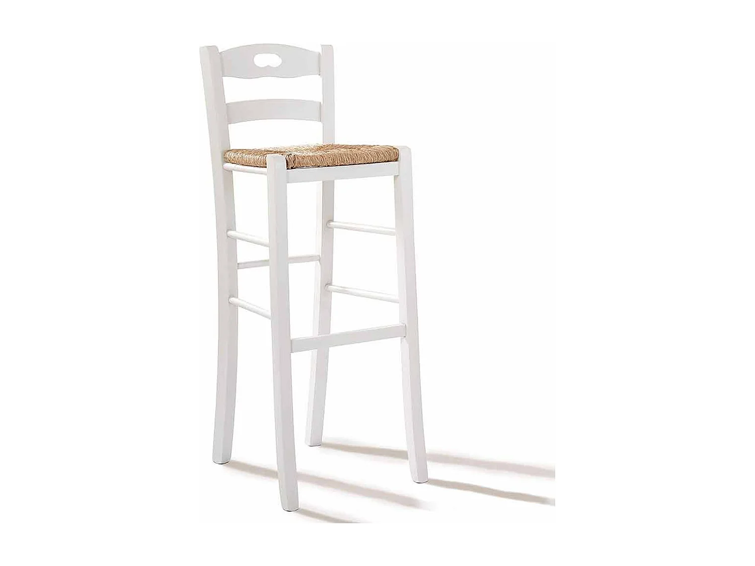 Tabouret haut de bar en bois blanc avec assise et poignée en paille h 80 cm