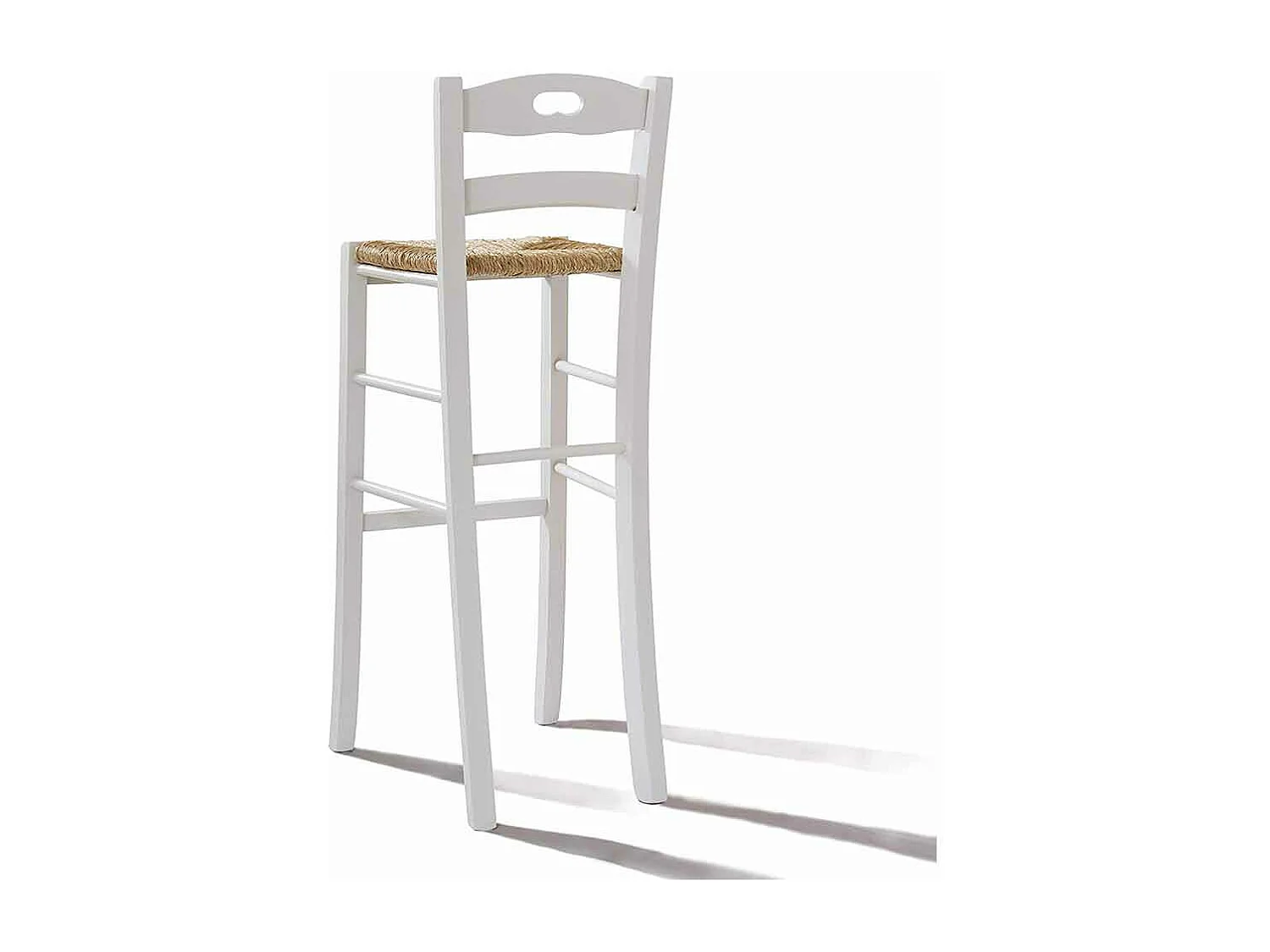 Tabouret haut de bar en bois blanc avec assise et poignée en paille h 80 cm