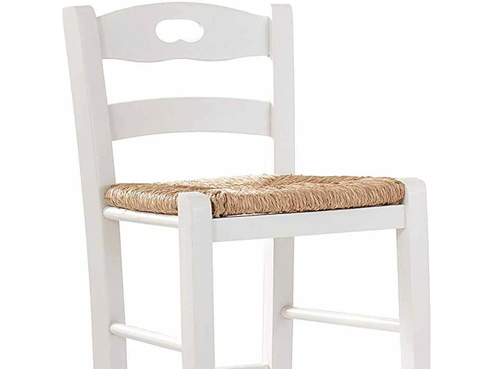 Tabouret haut de bar en bois blanc avec assise et poignée en paille h 80 cm