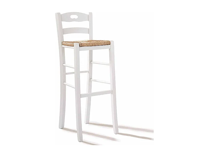 Tabouret haut de bar en bois blanc avec assise et poignée en paille h 80 cm