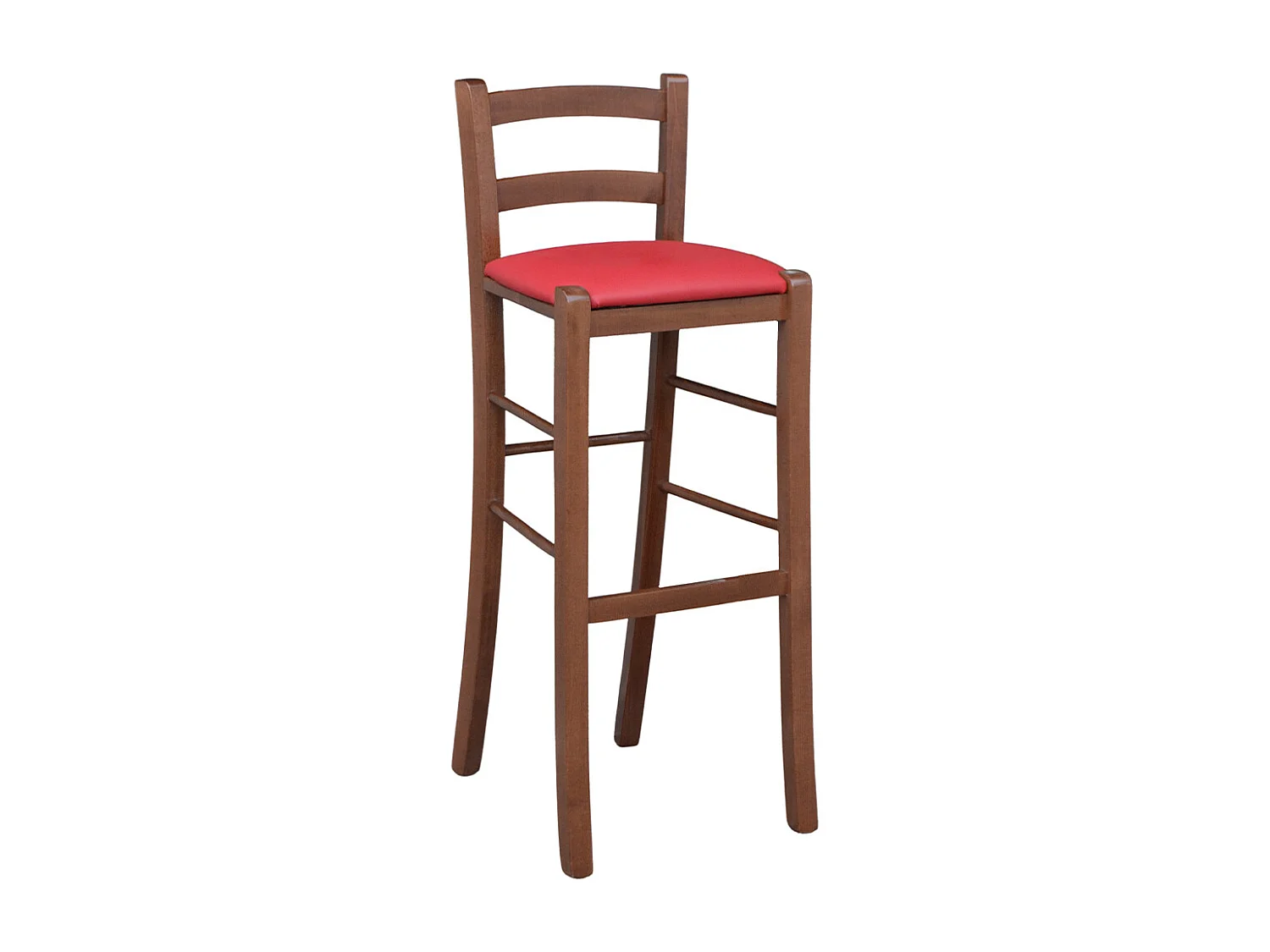 Tabouret en bois de noyer foncé avec dossier de 80 cm de hauteur, assise en simili cuir rouge