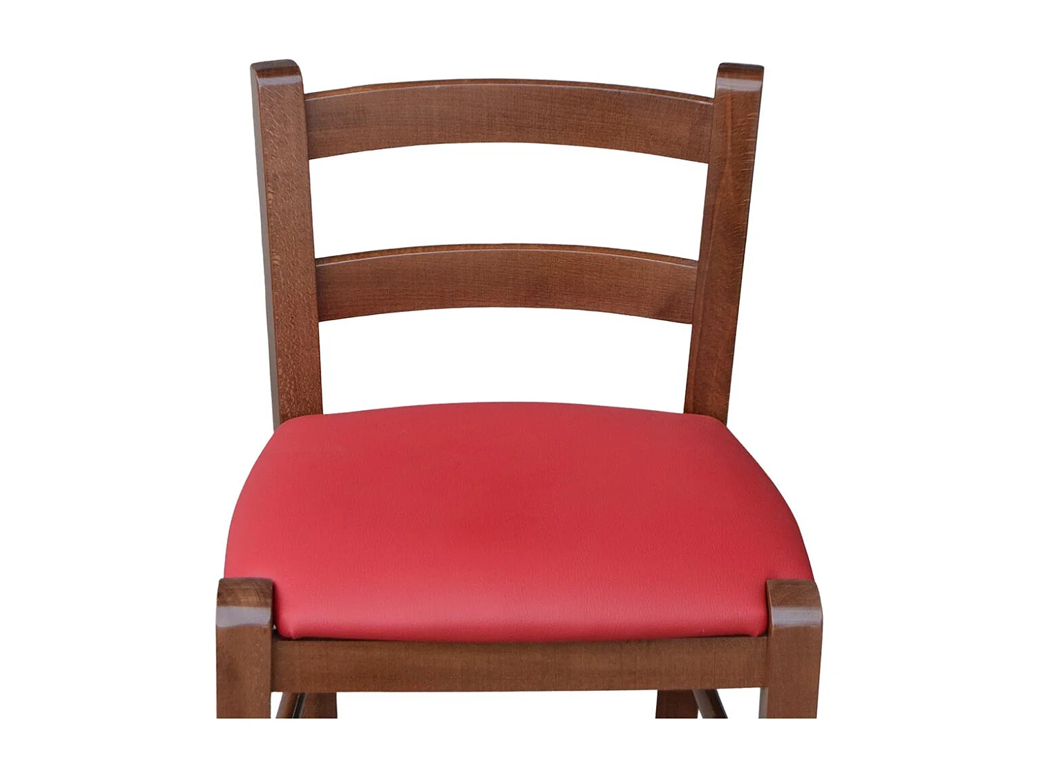 Tabouret en bois de noyer foncé avec dossier de 80 cm de hauteur, assise en simili cuir rouge