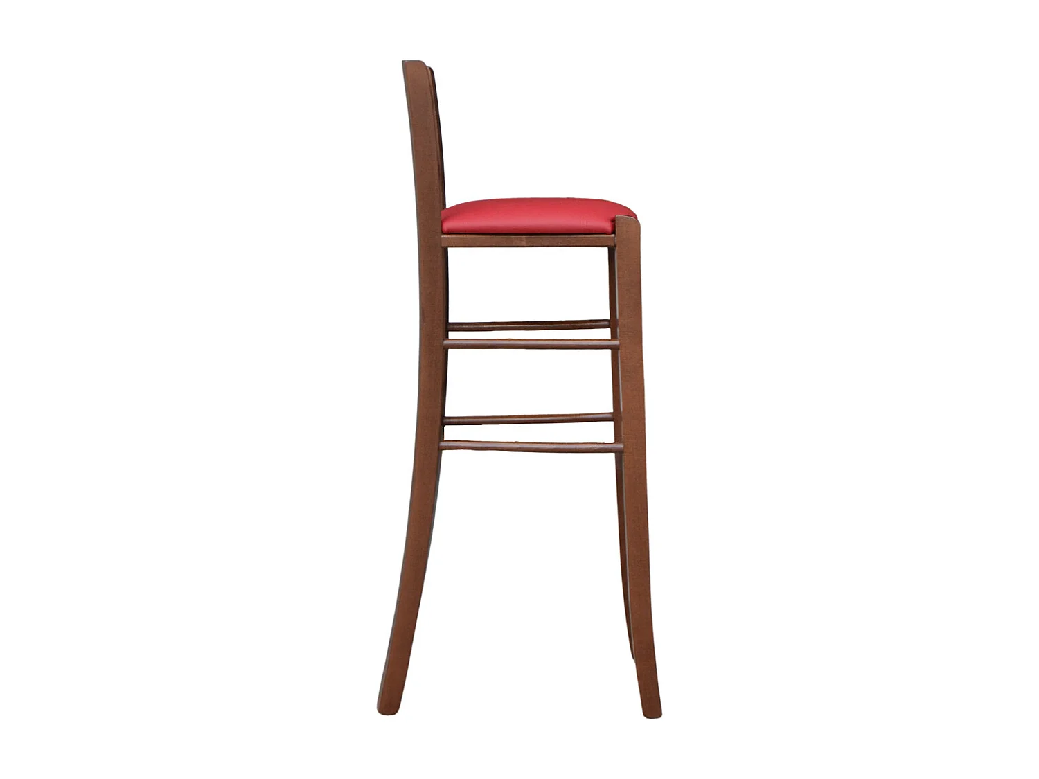 Tabouret en bois de noyer foncé avec dossier de 80 cm de hauteur, assise en simili cuir rouge