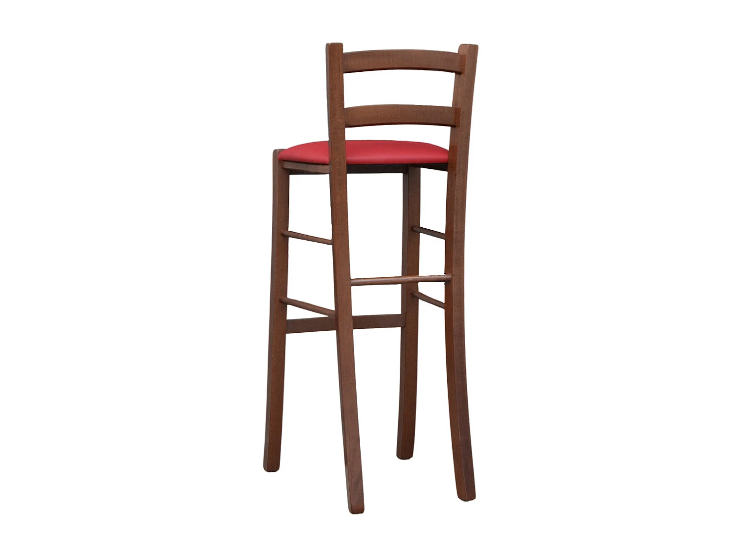Tabouret en bois de noyer foncé avec dossier de 80 cm de hauteur, assise en simili cuir rouge