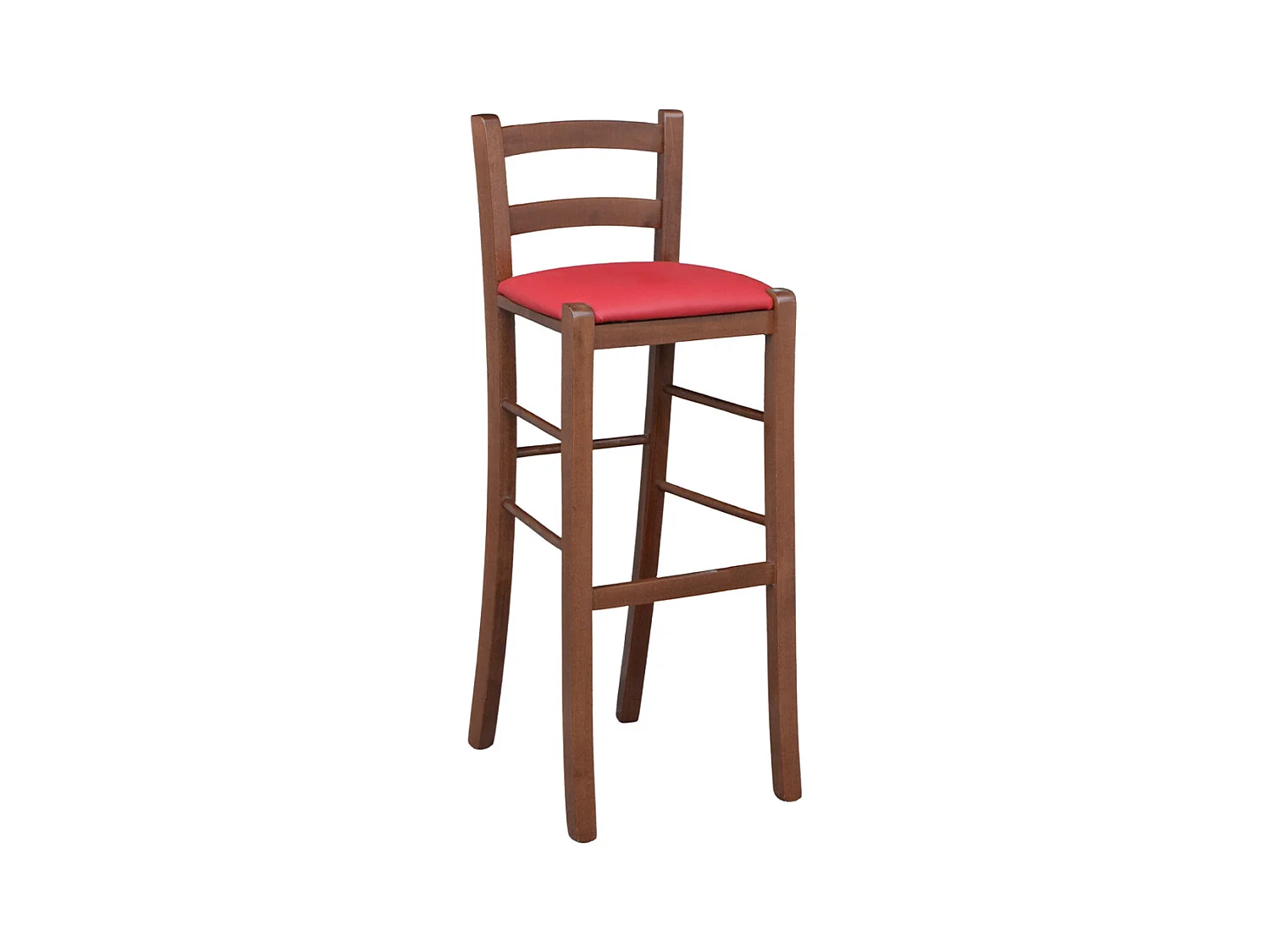 Tabouret en bois de noyer foncé avec dossier de 80 cm de hauteur, assise en simili cuir rouge