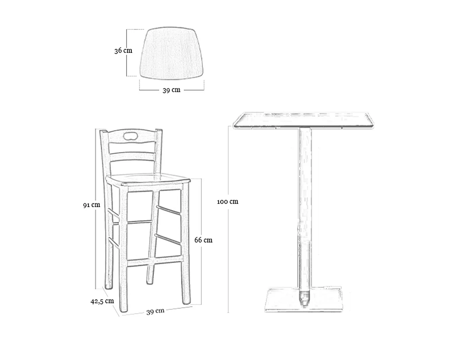 Tabouret snack brut hauteur 66 cm avec assise et dossier en bois massif