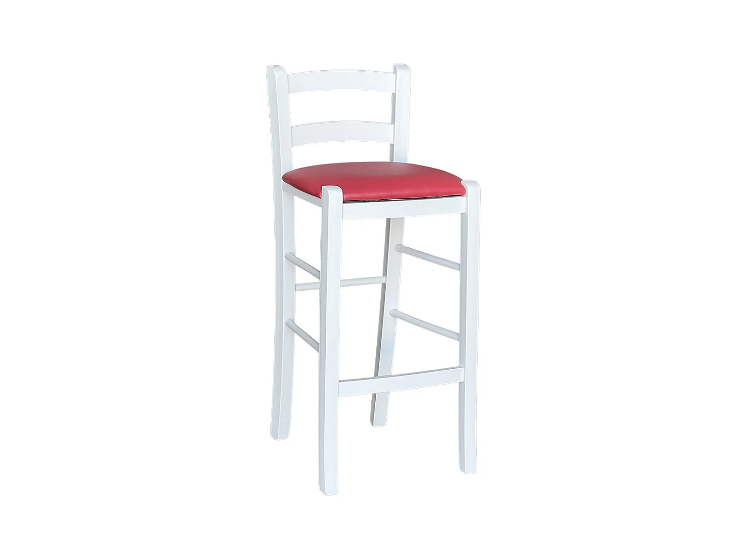 Tabouret en bois blanc avec assise en simili cuir rouge, h 67 cm du sol à l'assise