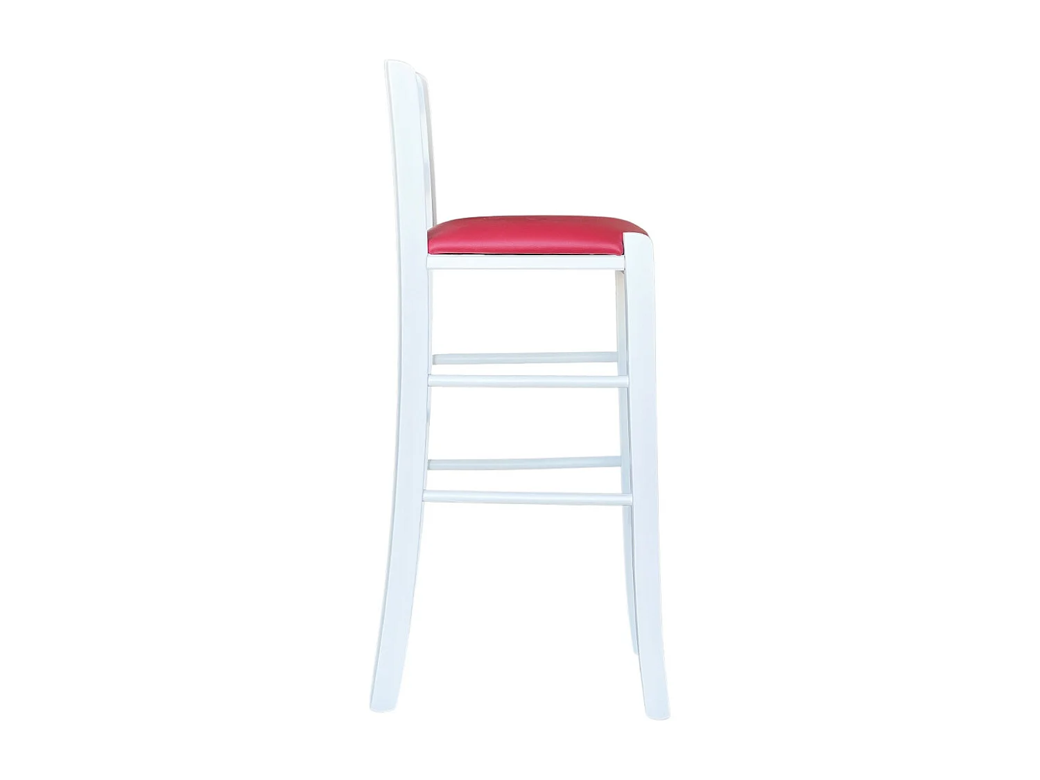 Tabouret en bois blanc avec assise en simili cuir rouge, h 67 cm du sol à l'assise