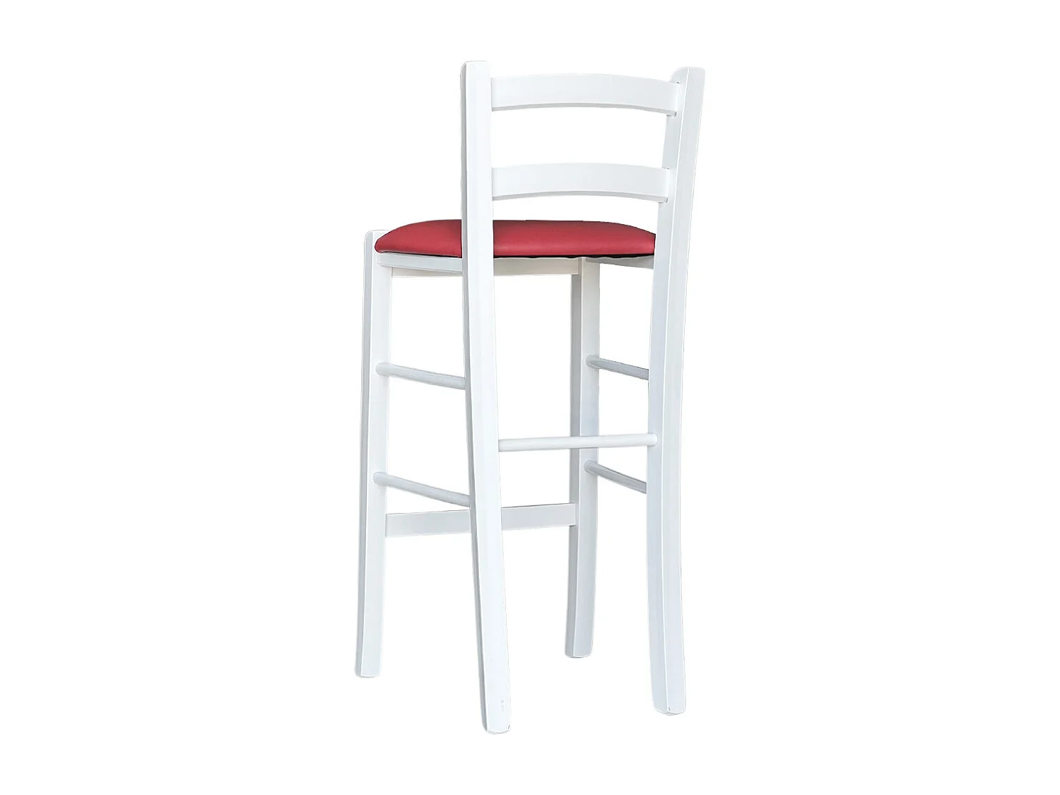 Tabouret en bois blanc avec assise en simili cuir rouge, h 67 cm du sol à l'assise