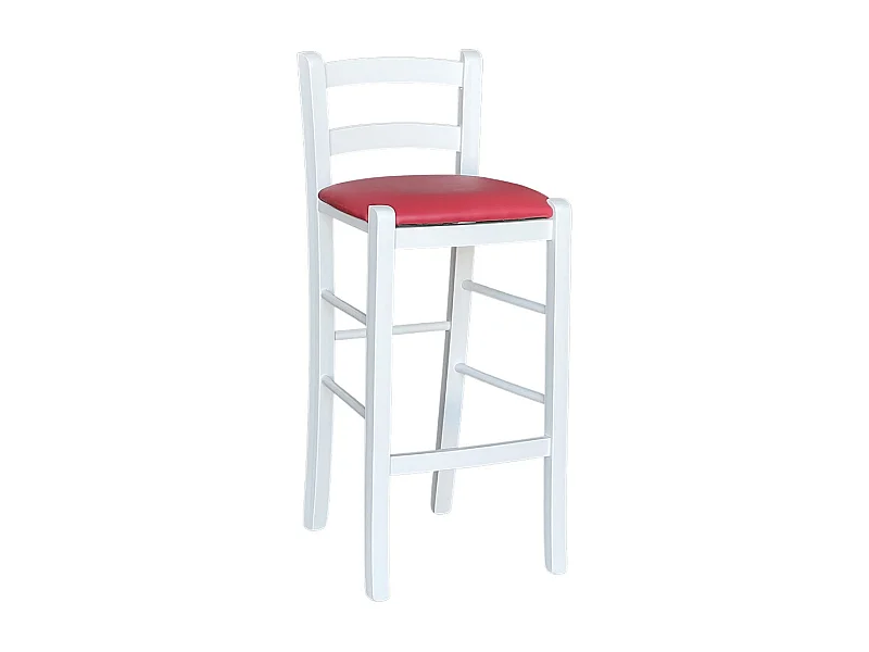 Tabouret en bois blanc avec assise en simili cuir rouge, h 67 cm du sol à l'assise