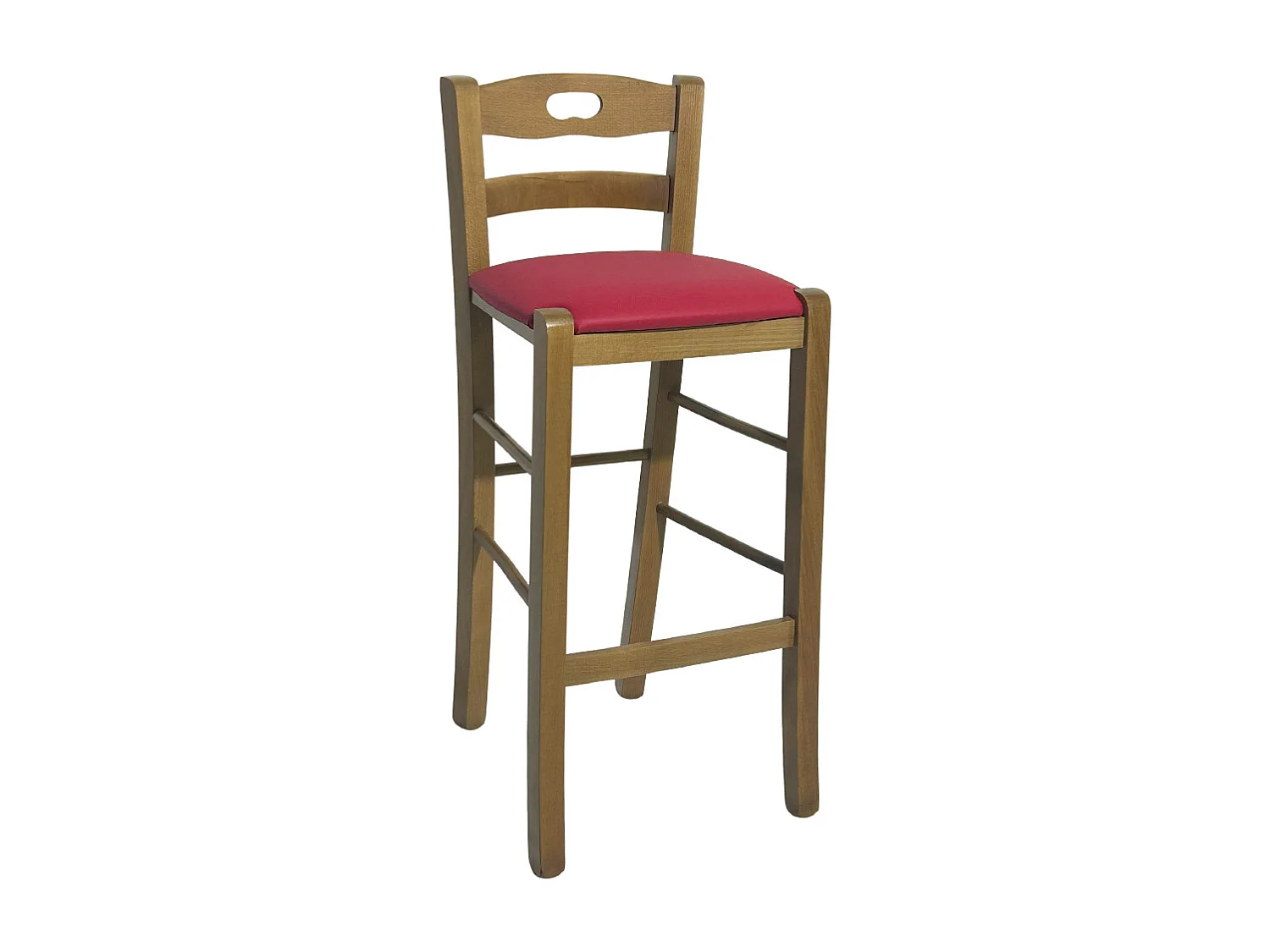 Tabouret en bois de noyer clair avec trou dans le dossier h66 assise en éco-cuir rouge