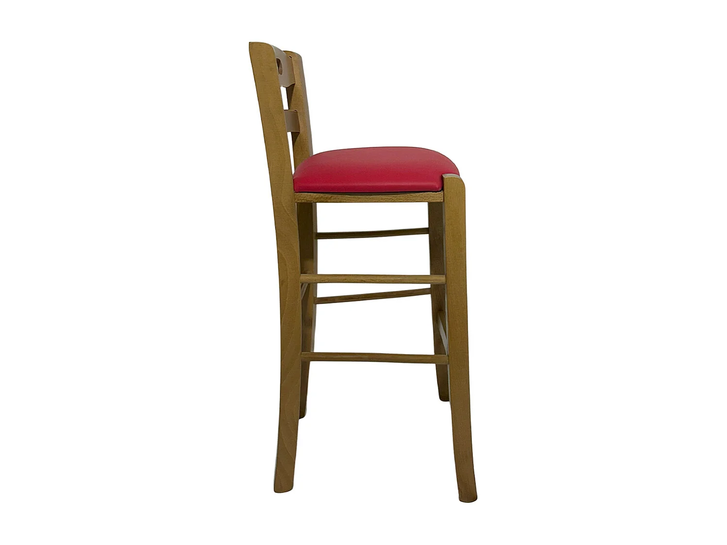 Tabouret en bois de noyer clair avec trou dans le dossier h66 assise en éco-cuir rouge