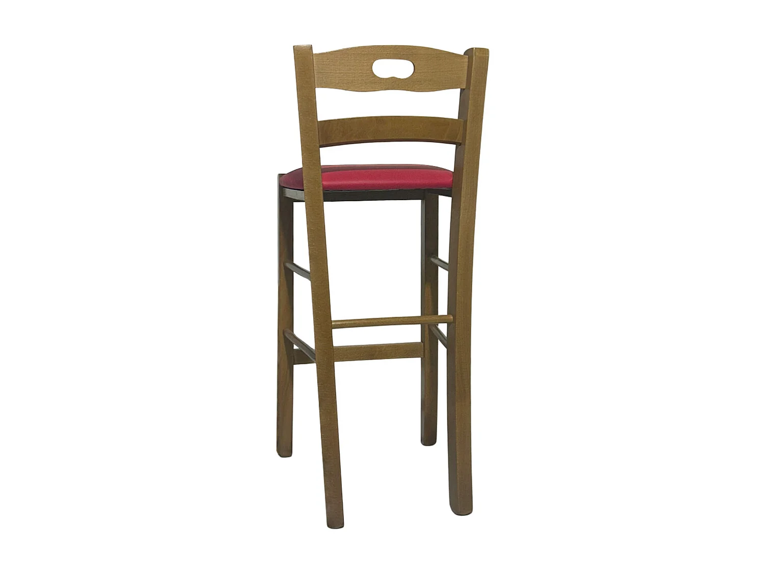 Tabouret en bois de noyer clair avec trou dans le dossier h66 assise en éco-cuir rouge