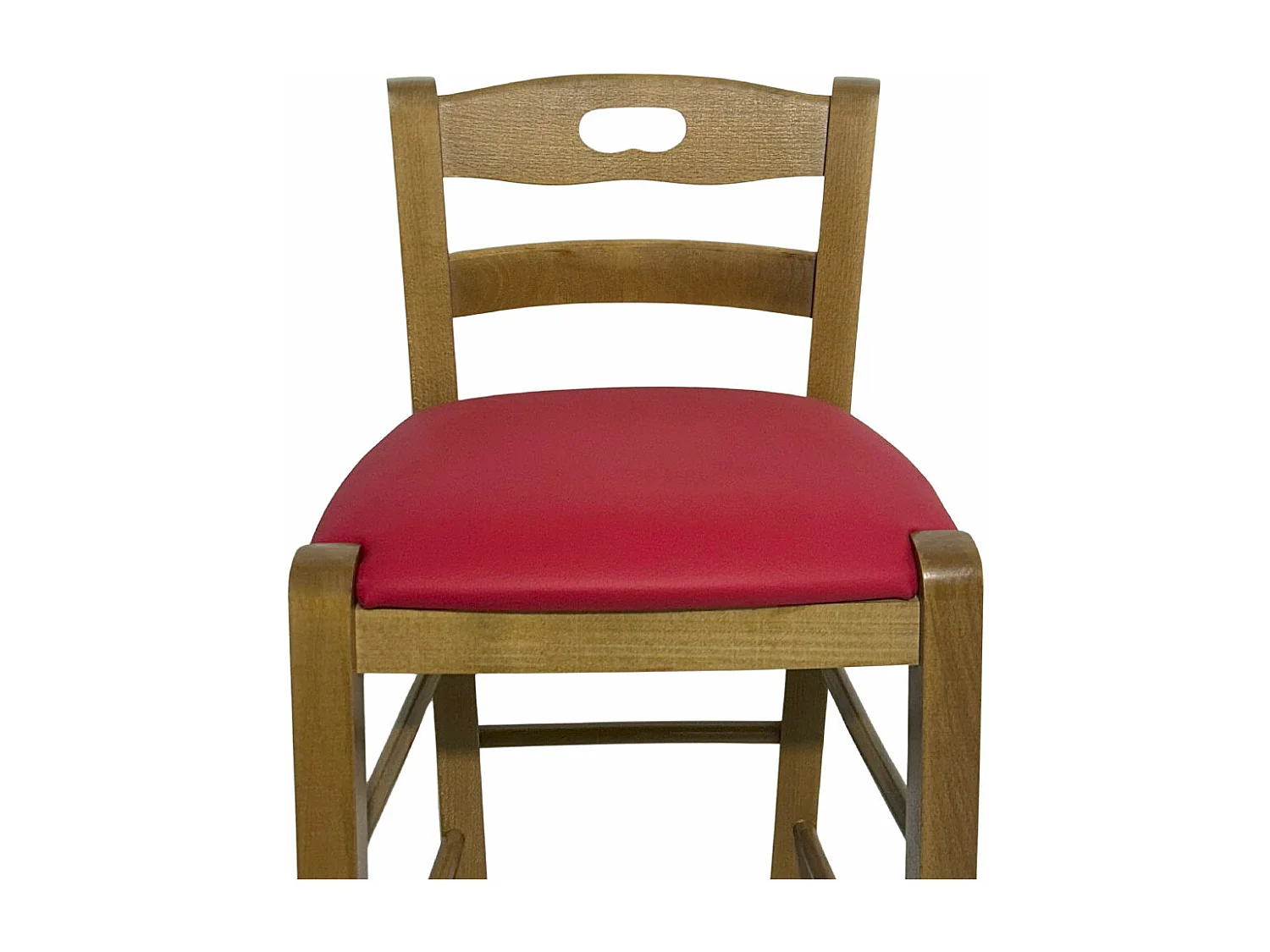 Tabouret en bois de noyer clair avec trou dans le dossier h66 assise en éco-cuir rouge