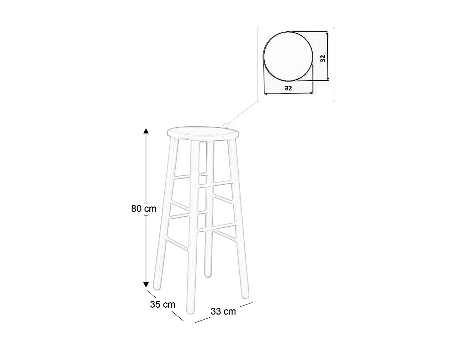 Taburete de madera con asiento redondo h80cm crudo para pintar patas rectas