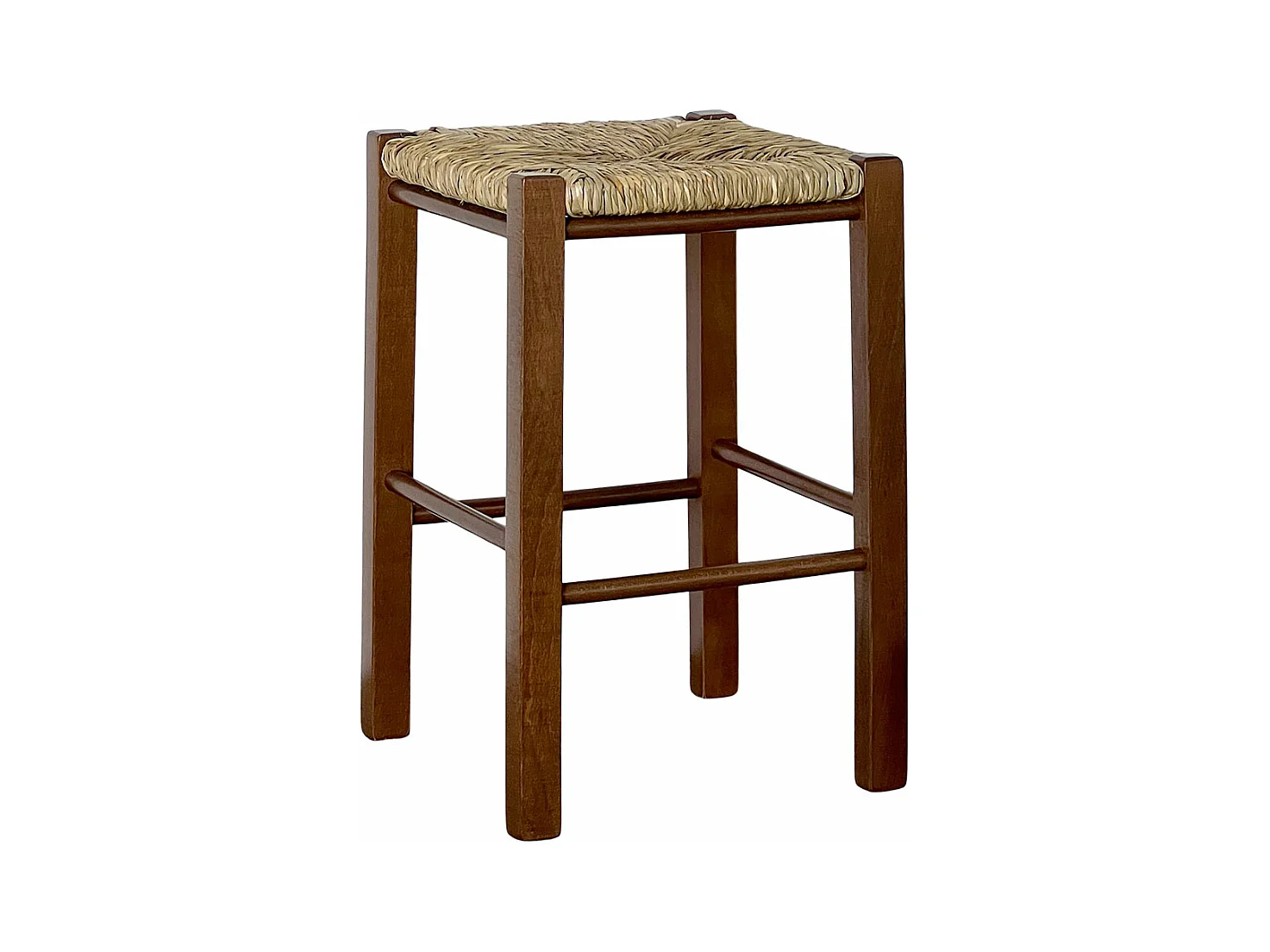 Sgabello legno seduta quadrata paglia h 47 cm noce scuro gamba dritti