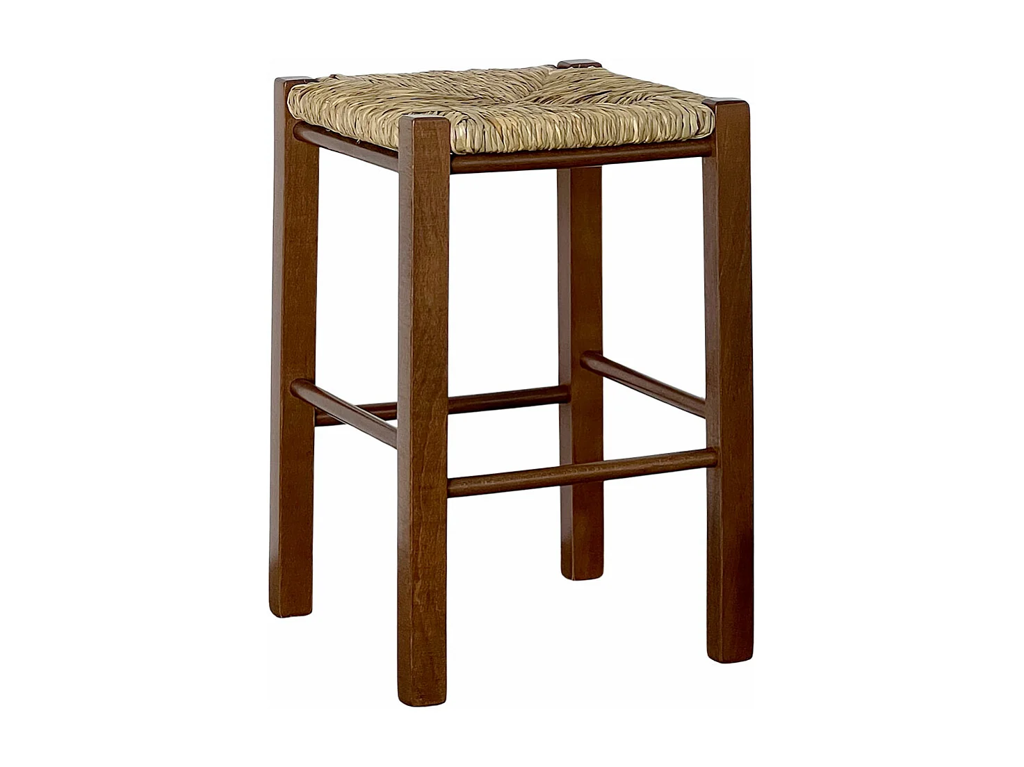 Taburete de madera asiento cuadrado paja h 47 cm nogal oscuro patas rectas