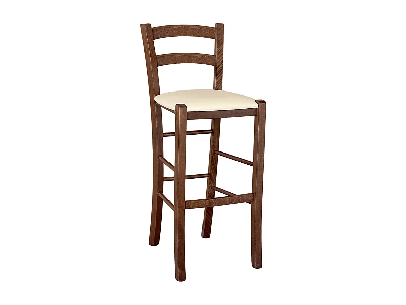 Sgabello venezia in legno noce scuro h 73 con seduta imbottita beige/crema