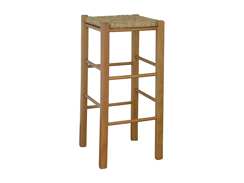 Tabouret en bois avec assise carrée en paille h 70 cm pieds droits noyer clair