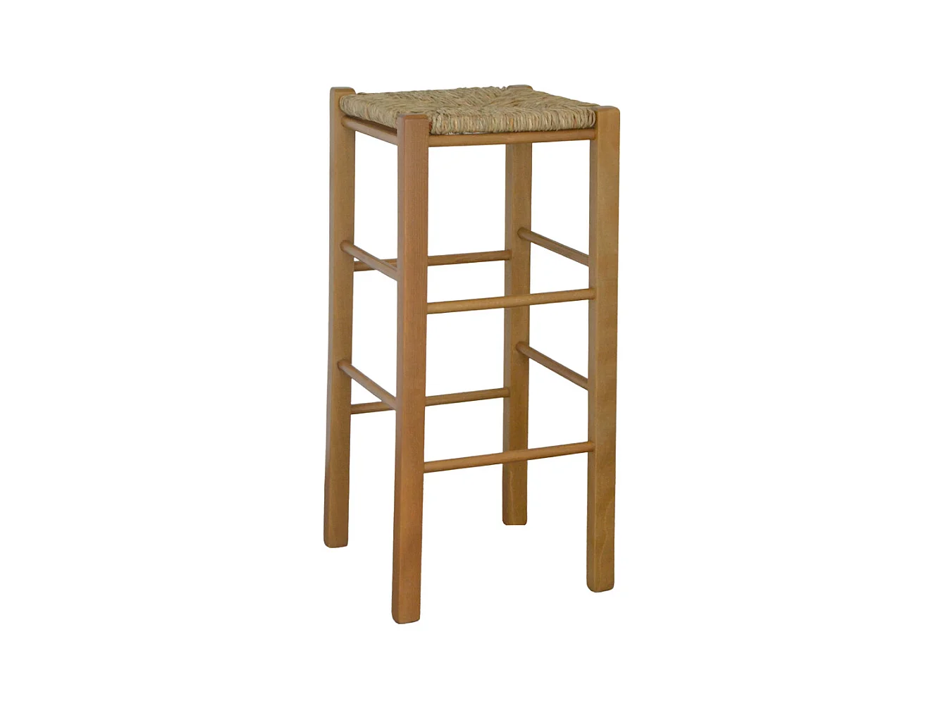 Taburete de madera con asiento cuadrado de paja h 70 cm patas rectas nogal claro