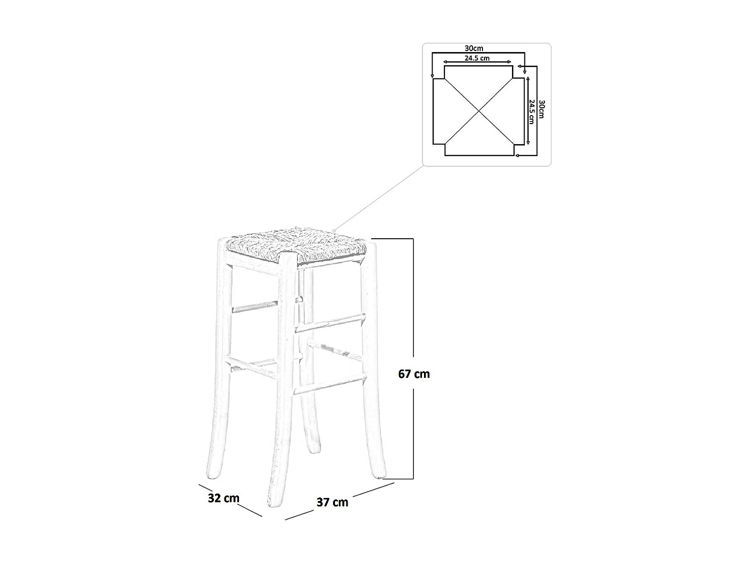Taburete con asiento cuadrado de paja h 67cm en patas de sable en nogal claro