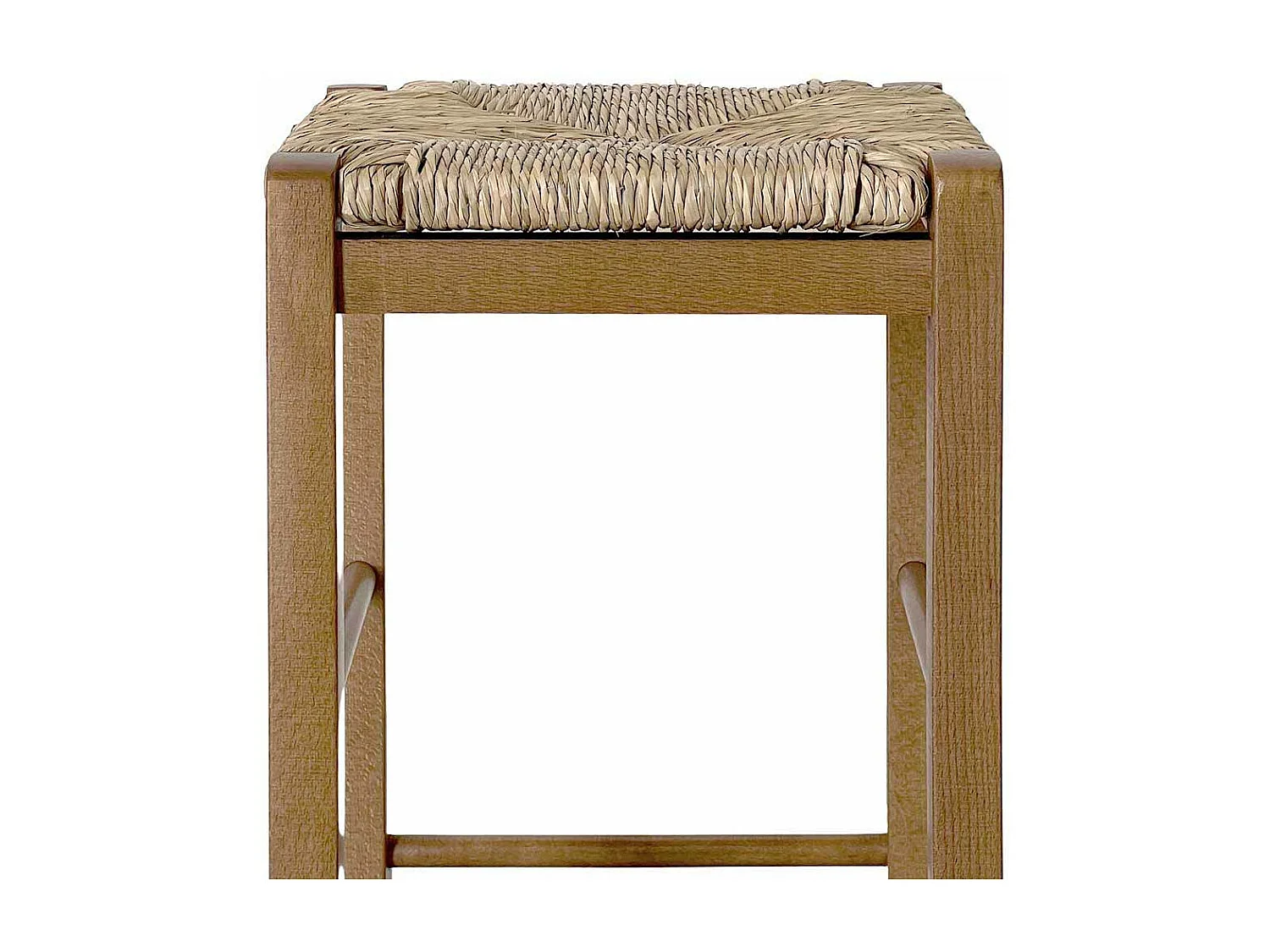 Taburete con asiento cuadrado de paja h 67cm en patas de sable en nogal claro