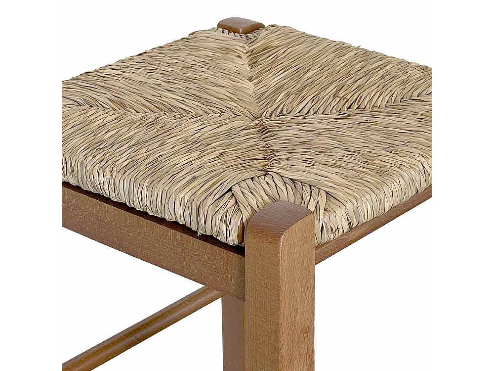 Taburete con asiento cuadrado de paja h 67cm en patas de sable en nogal claro